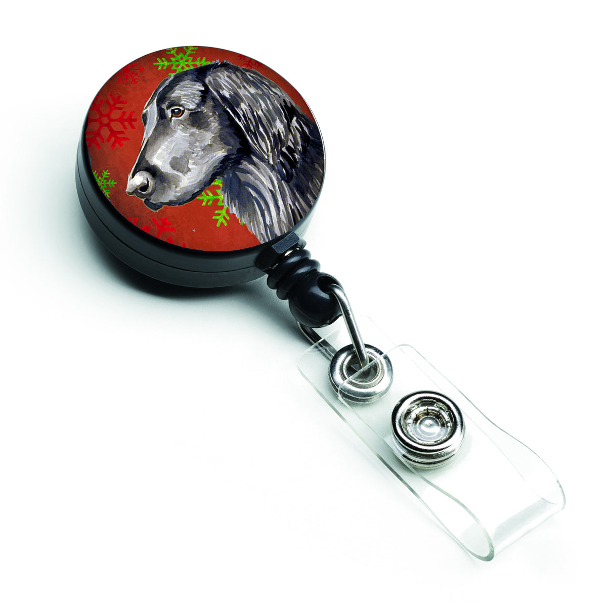Flat Coated Retriever Red  Green Snowflakes Holiday Christmas Retractable Badge Reel LH9321BR