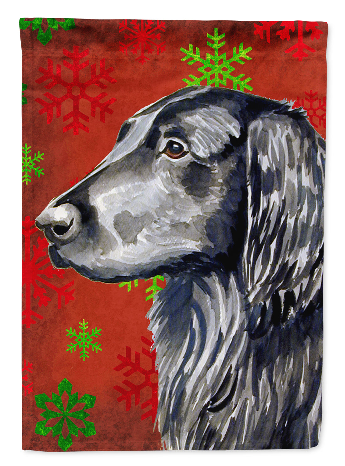 Flat Coated Retriever Red Snowflakes Holiday Christmas Flag Canvas House Size  the-store.com.