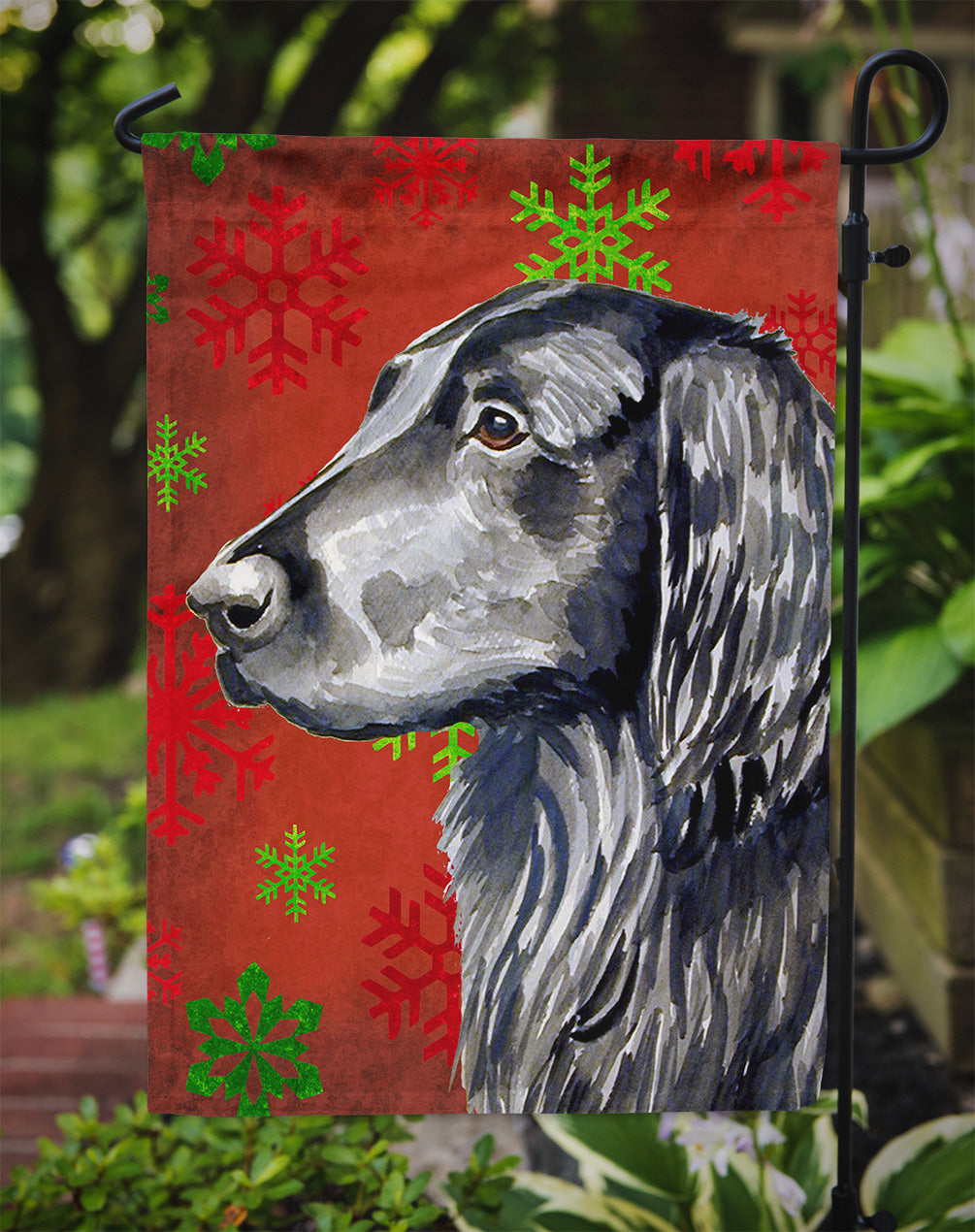 Flat Coated Retriever Red  Green Snowflakes Holiday Christmas Flag Garden Size
