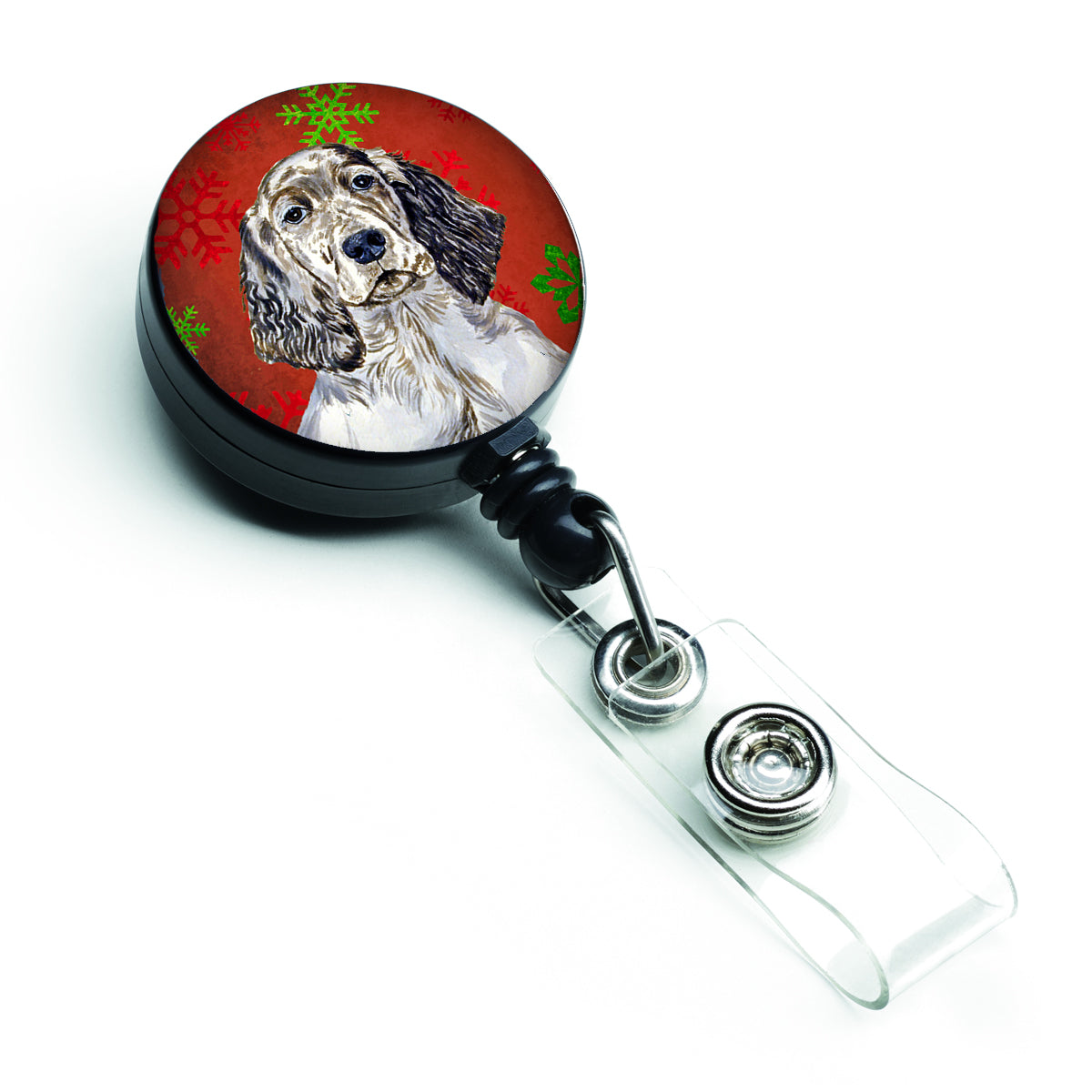 English Setter Red and Green Snowflakes Holiday Christmas Retractable Badge Reel LH9322BR