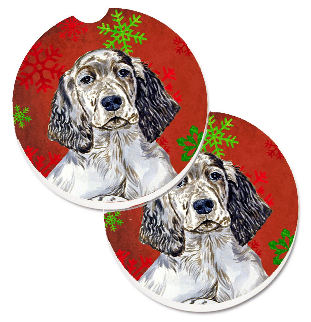 English Setter Red and Green Snowflakes Holiday Christmas Set of 2 Cup Holder Car Coasters LH9322CARC by Caroline&#39;s Treasures