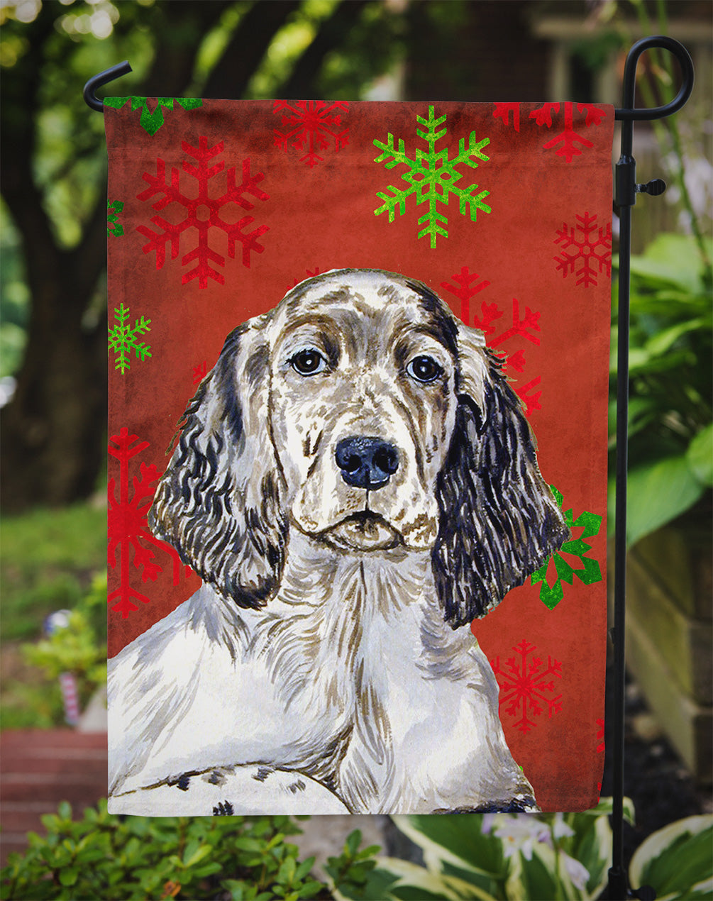 English Setter Red and Green Snowflakes Holiday Christmas Flag Garden Size