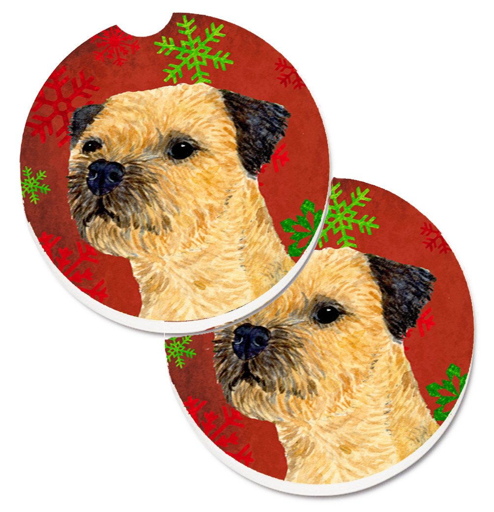 Border Terrier Red and Green Snowflakes Holiday Christmas Set of 2 Cup Holder Car Coasters LH9323CARC by Caroline&#39;s Treasures