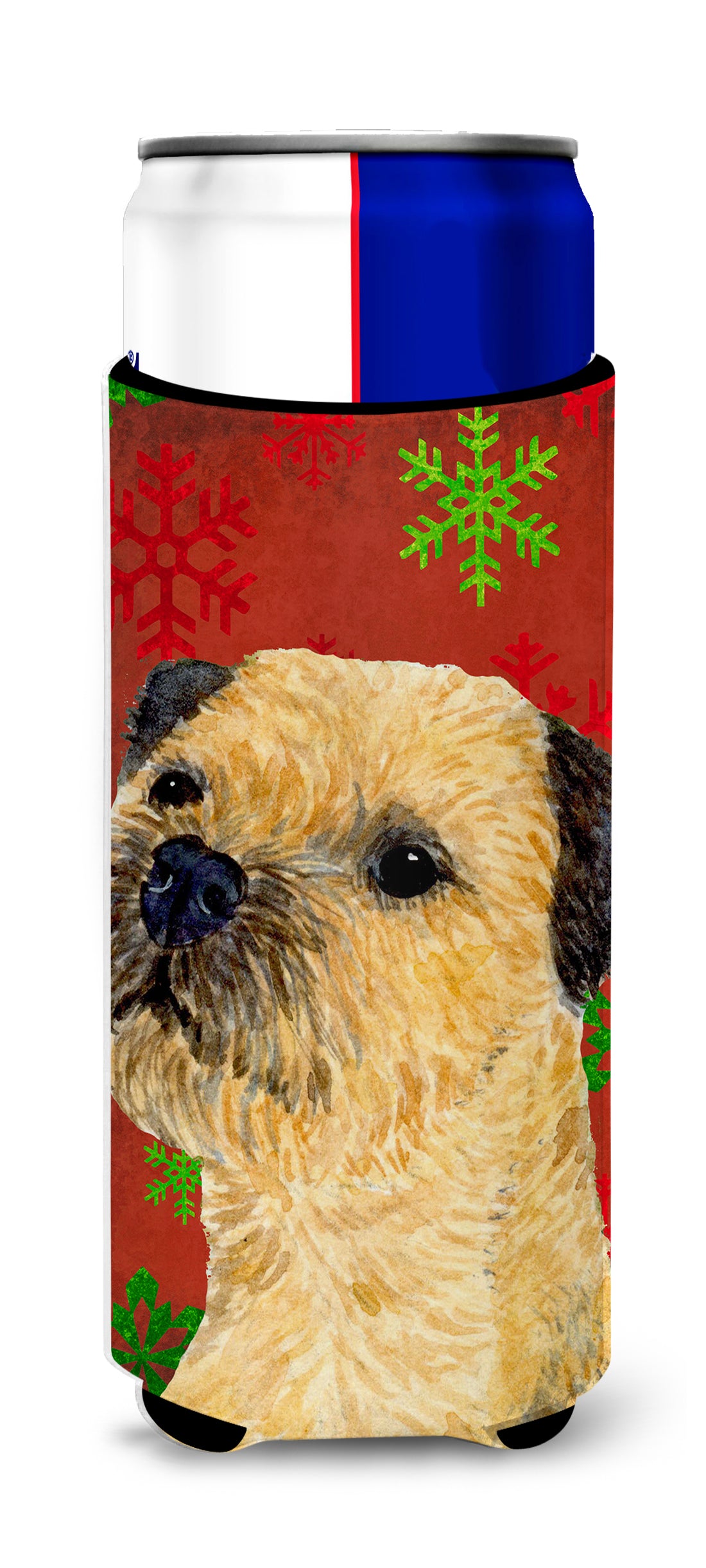 Border Terrier Red and Green Snowflakes Holiday Christmas Ultra Beverage Insulators for slim cans LH9323MUK.