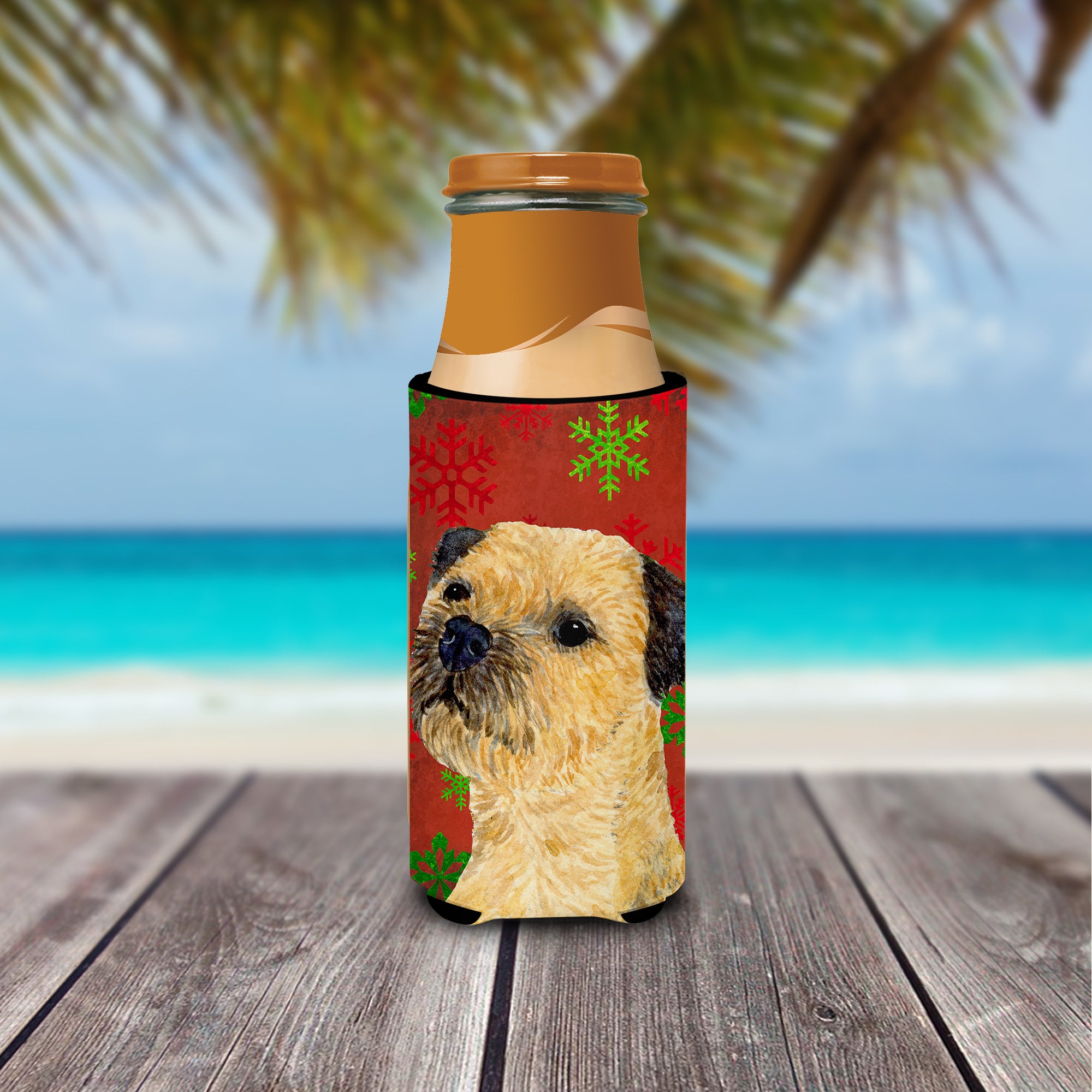 Border Terrier Red and Green Snowflakes Holiday Christmas Ultra Beverage Insulators for slim cans LH9323MUK