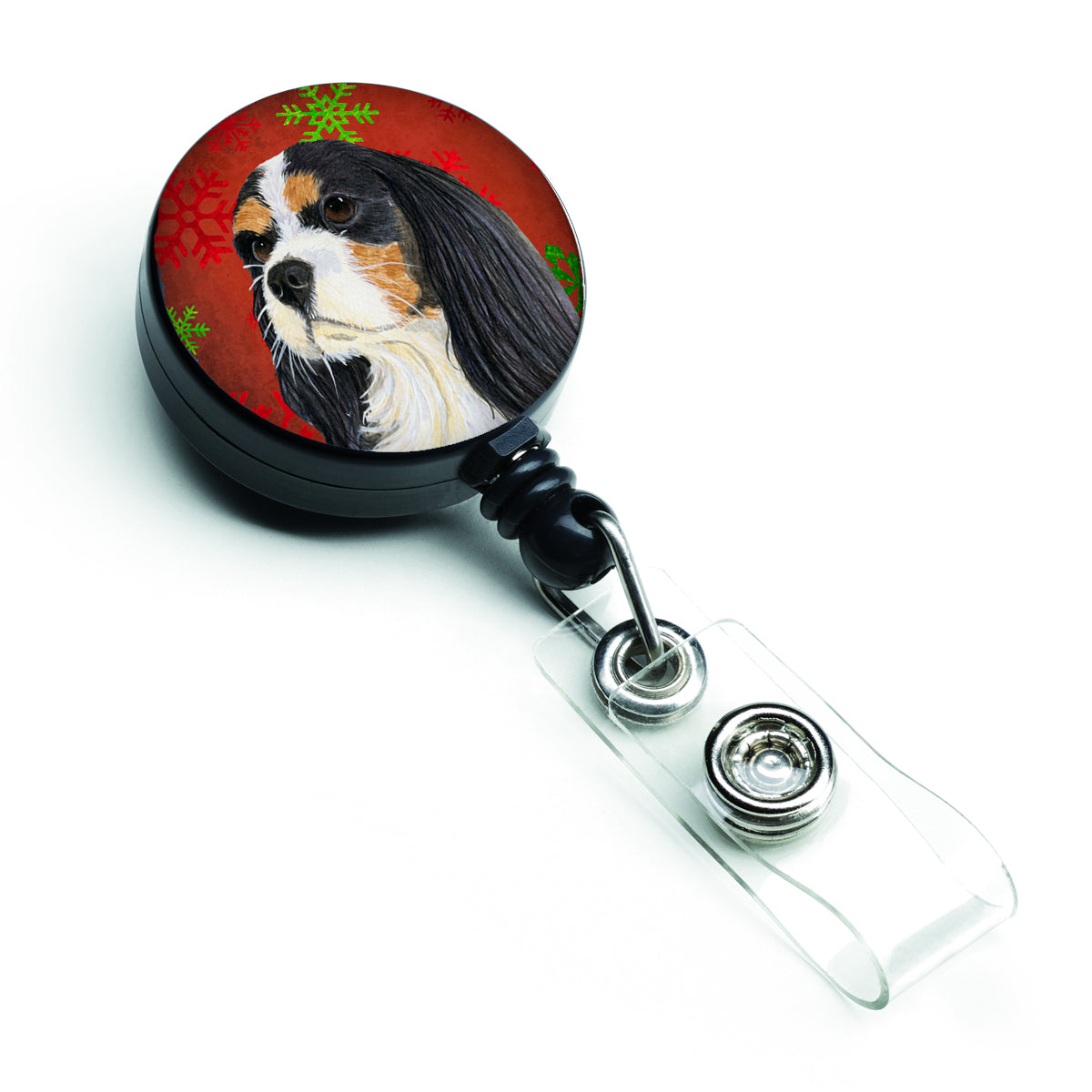 Cavalier Spaniel Red and Green Snowflakes Holiday Christmas Retractable Badge Reel LH9324BR  the-store.com.
