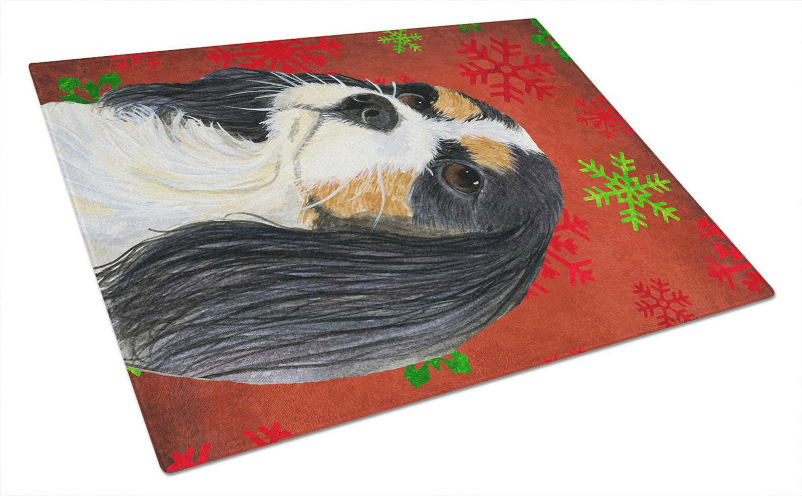 Cavalier Spaniel Red and Green Snowflakes Christmas Glass Cutting Board Large by Caroline's Treasures