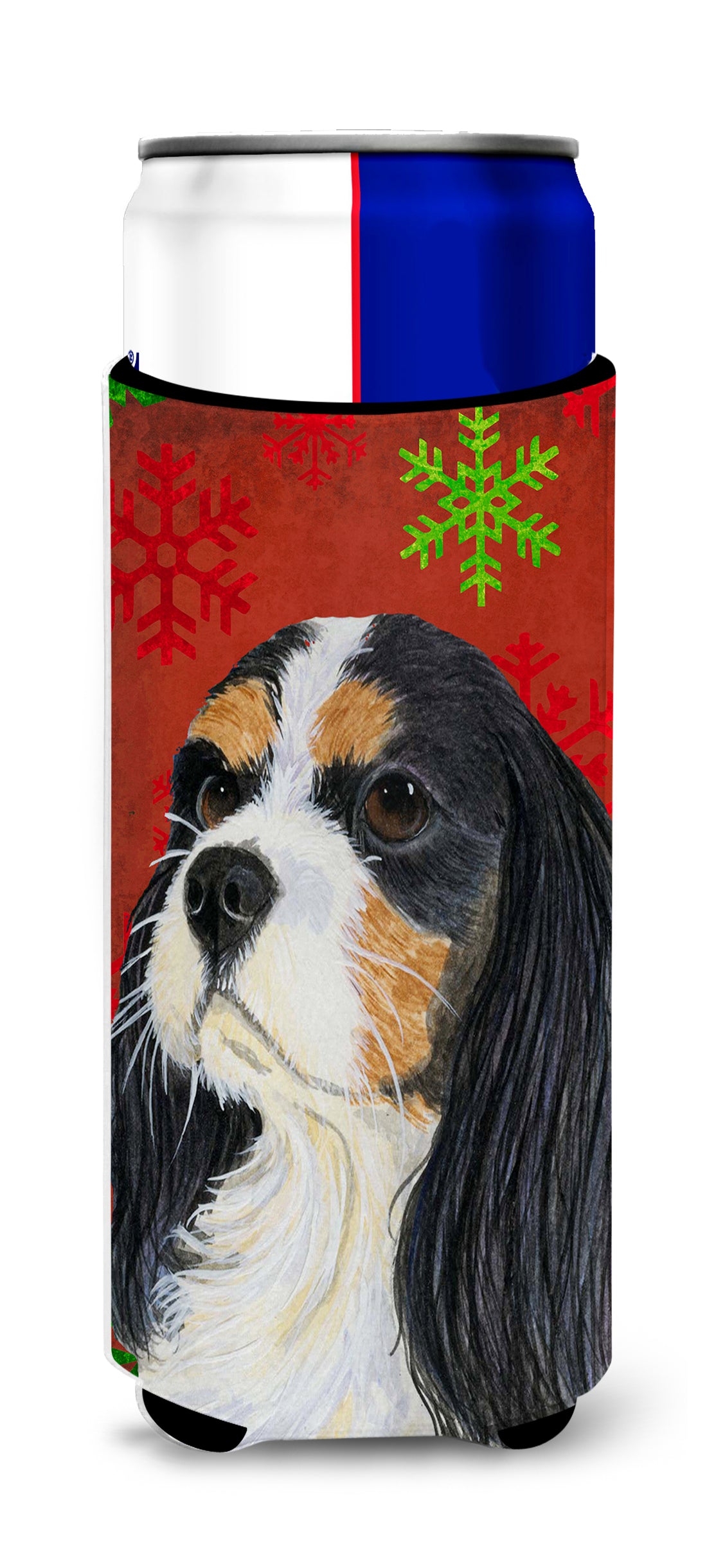 Cavalier Spaniel Red and Green Snowflakes Holiday Christmas Ultra Beverage Insulators for slim cans LH9324MUK.