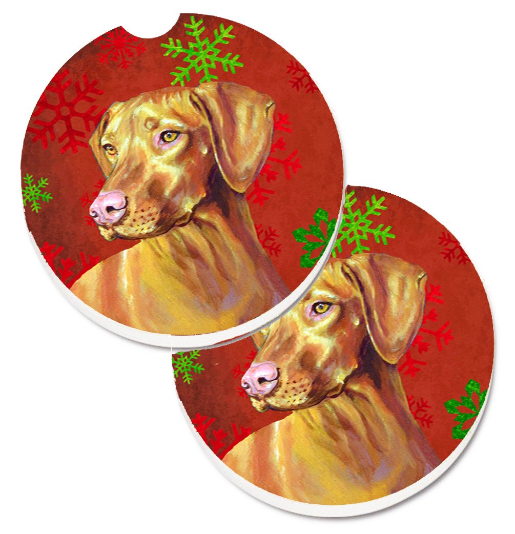 Vizsla Red and Green Snowflakes Holiday Christmas Set of 2 Cup Holder Car Coasters LH9325CARC by Caroline&#39;s Treasures