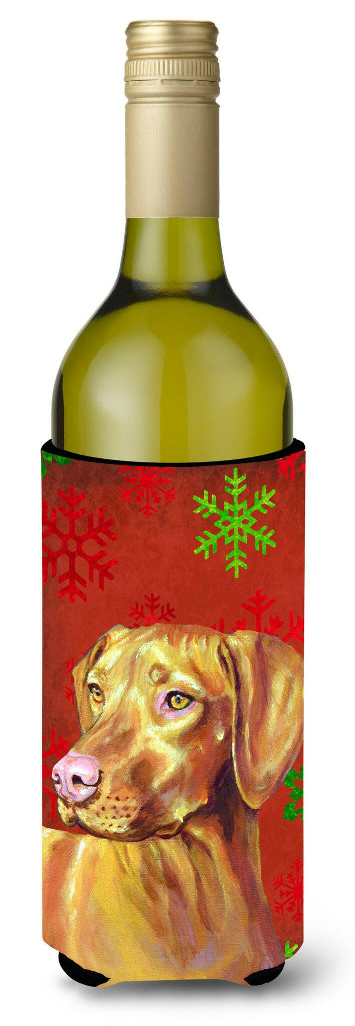 Vizsla Red and Green Snowflakes Holiday Christmas Wine Bottle Beverage Insulator Beverage Insulator Hugger by Caroline&#39;s Treasures
