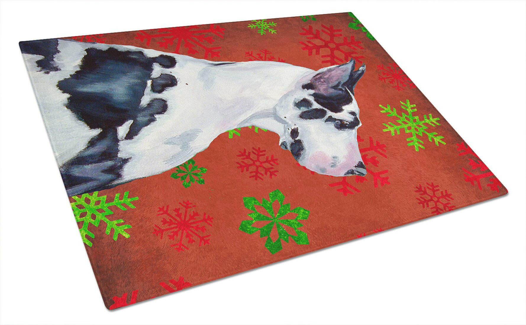 Great Dane Red and Green Snowflakes Holiday Christmas Glass Cutting Board Large by Caroline's Treasures