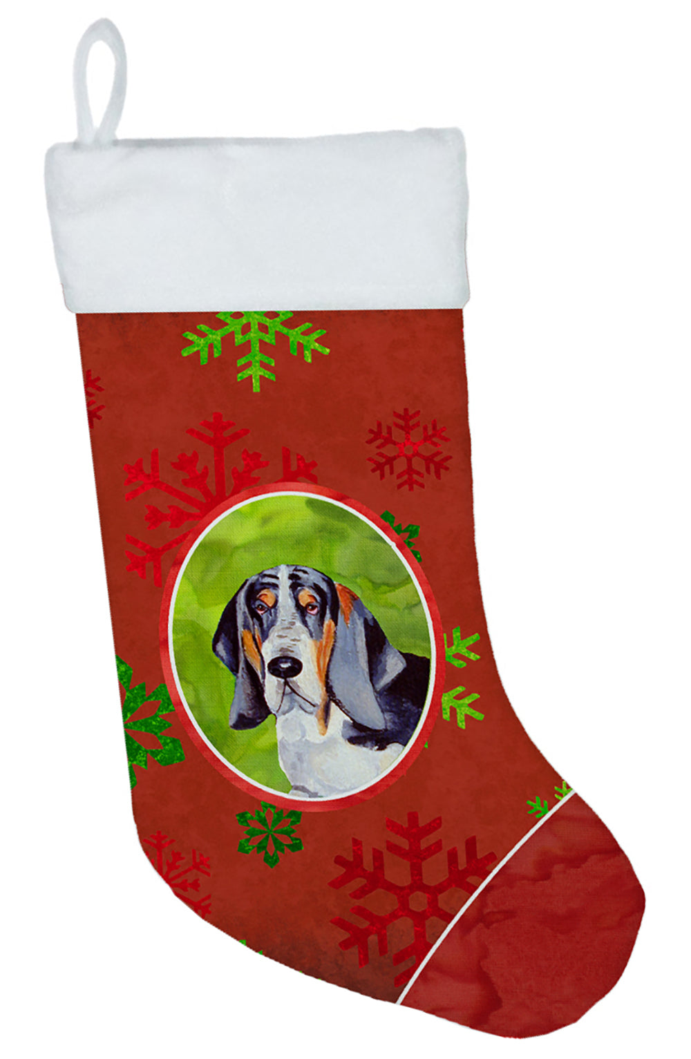Basset Hound Red and Green Snowflakes Holiday Christmas Christmas Stocking  the-store.com.