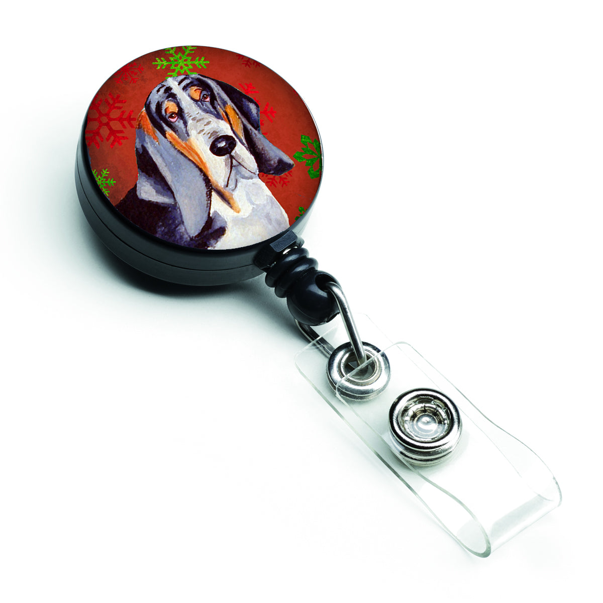 Basset Hound Red and Green Snowflakes Holiday Christmas Retractable Badge Reel LH9327BR  the-store.com.