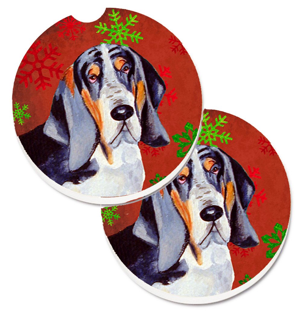 Basset Hound Red and Green Snowflakes Holiday Christmas Set of 2 Cup Holder Car Coasters LH9327CARC by Caroline&#39;s Treasures