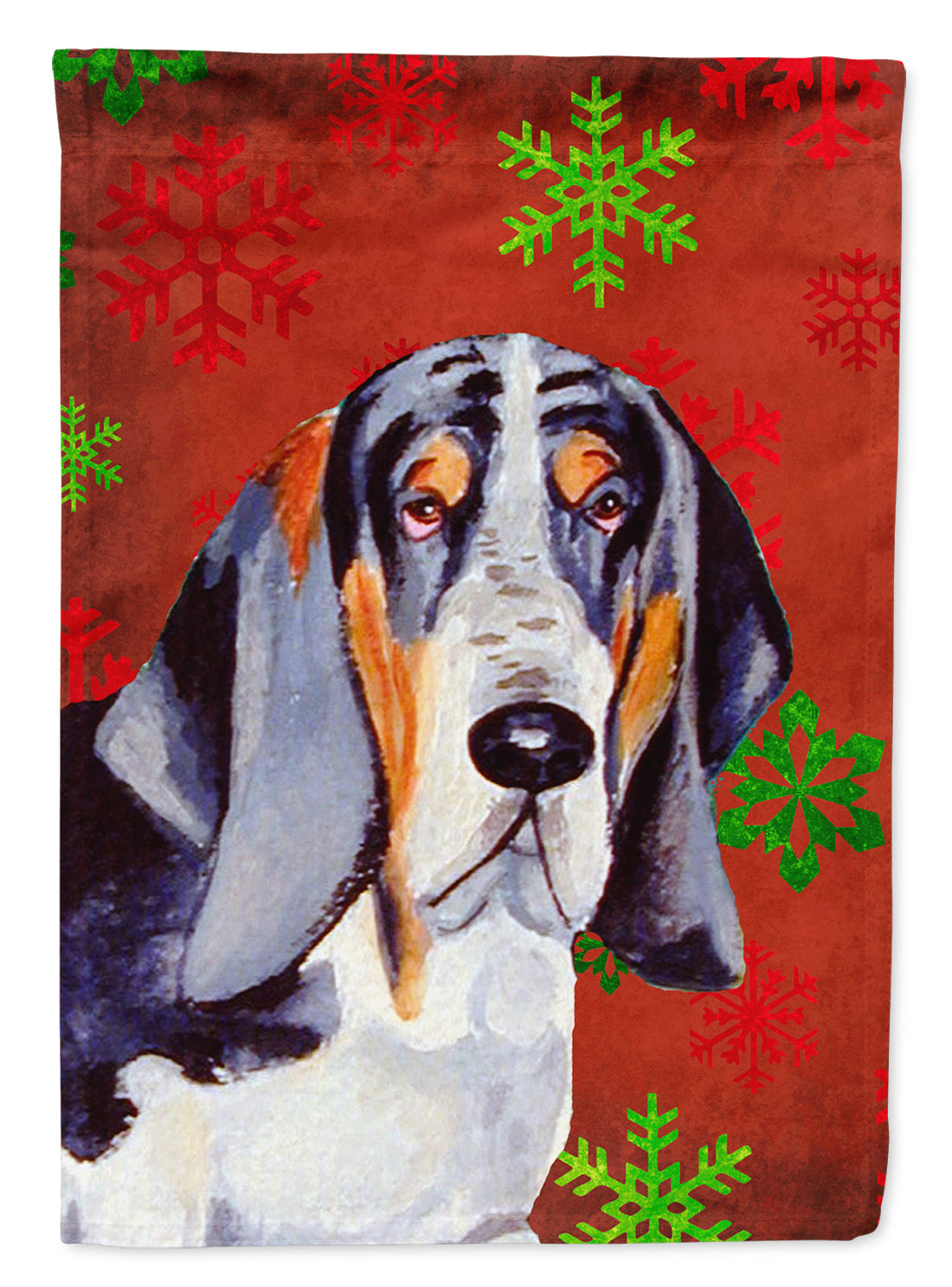 Basset Hound Red and Green Snowflakes Holiday Christmas Flag Canvas House Size