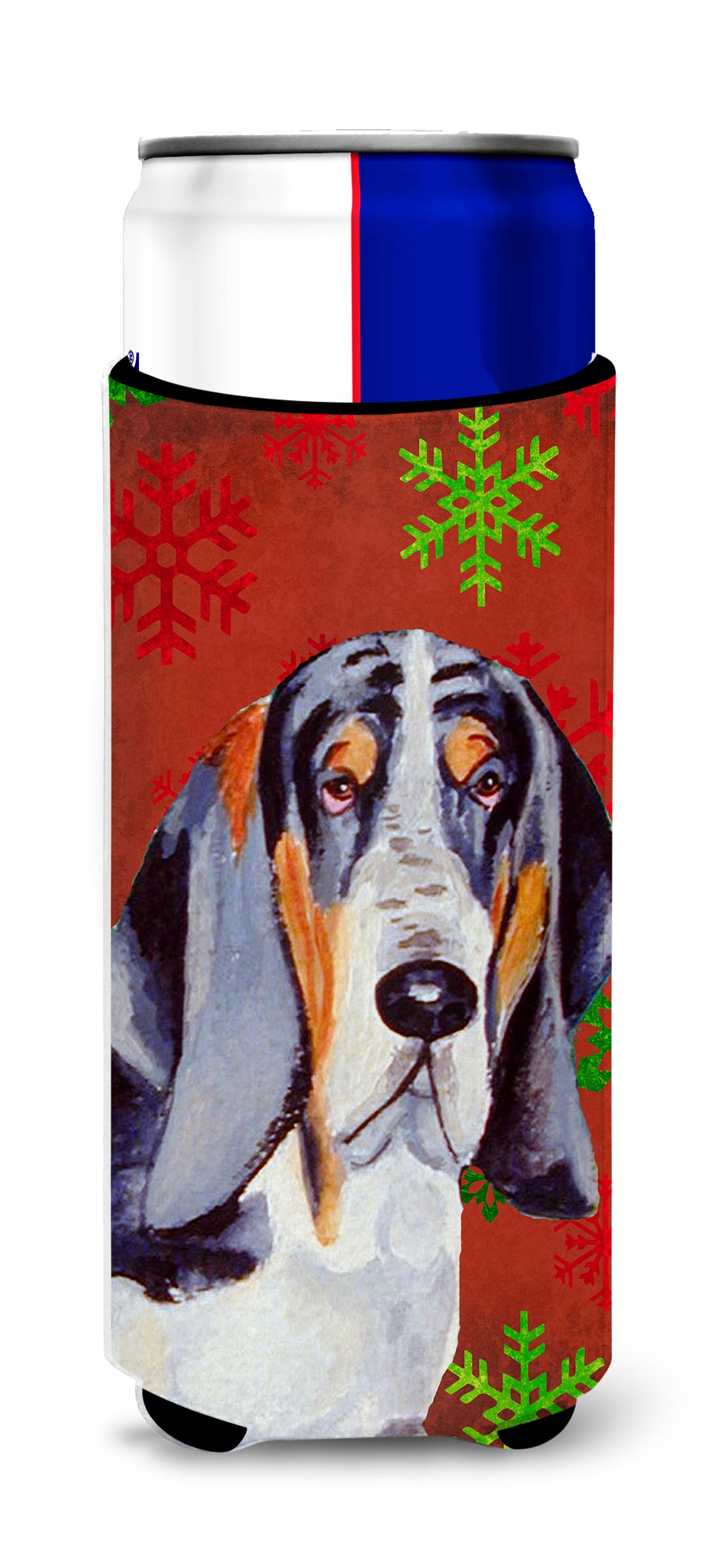 Basset Hound Red and Green Snowflakes Holiday Christmas Ultra Beverage Insulators for slim cans LH9327MUK