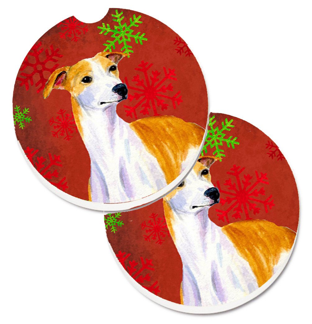 Whippet Red and Green Snowflakes Holiday Christmas Set of 2 Cup Holder Car Coasters LH9328CARC by Caroline&#39;s Treasures
