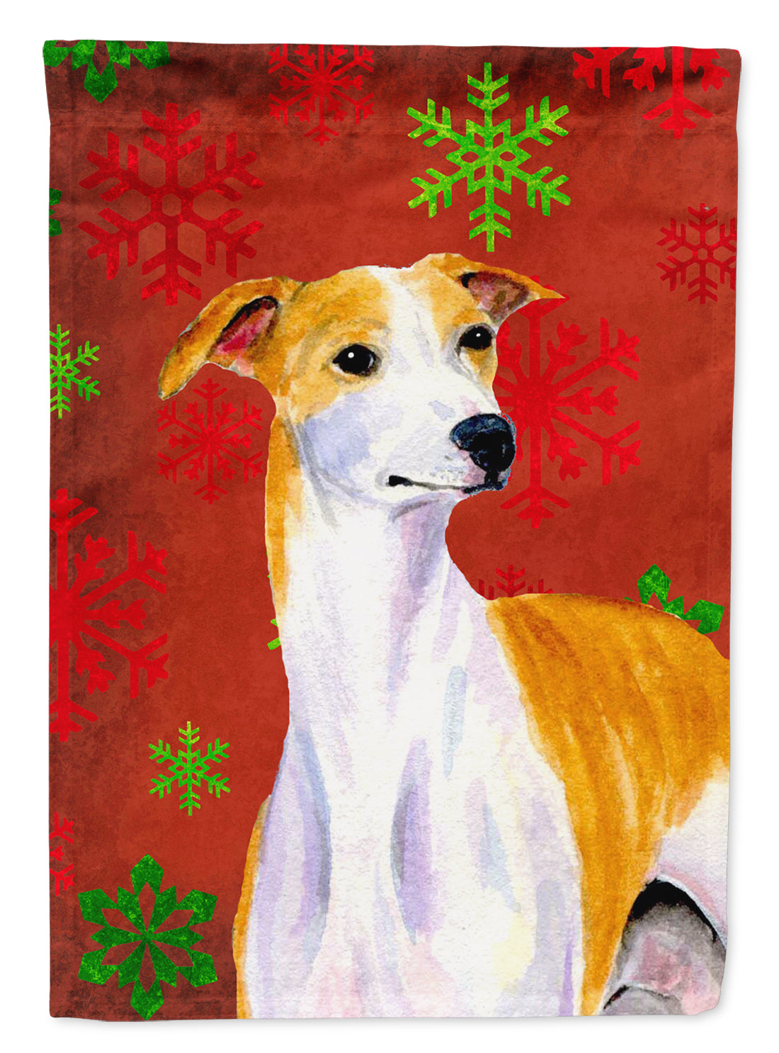 Whippet Red and Green Snowflakes Holiday Christmas Flag Canvas House Size  the-store.com.
