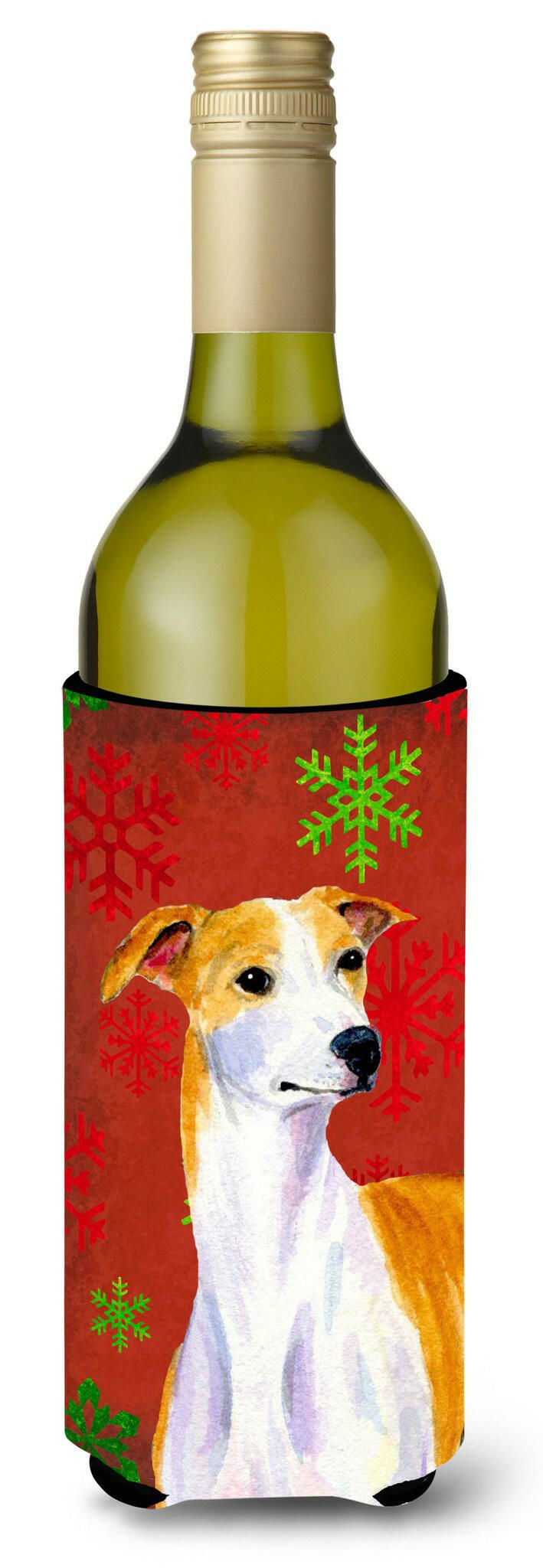 Whippet Red and Green Snowflakes Holiday Christmas Wine Bottle Beverage Insulator Beverage Insulator Hugger by Caroline's Treasures