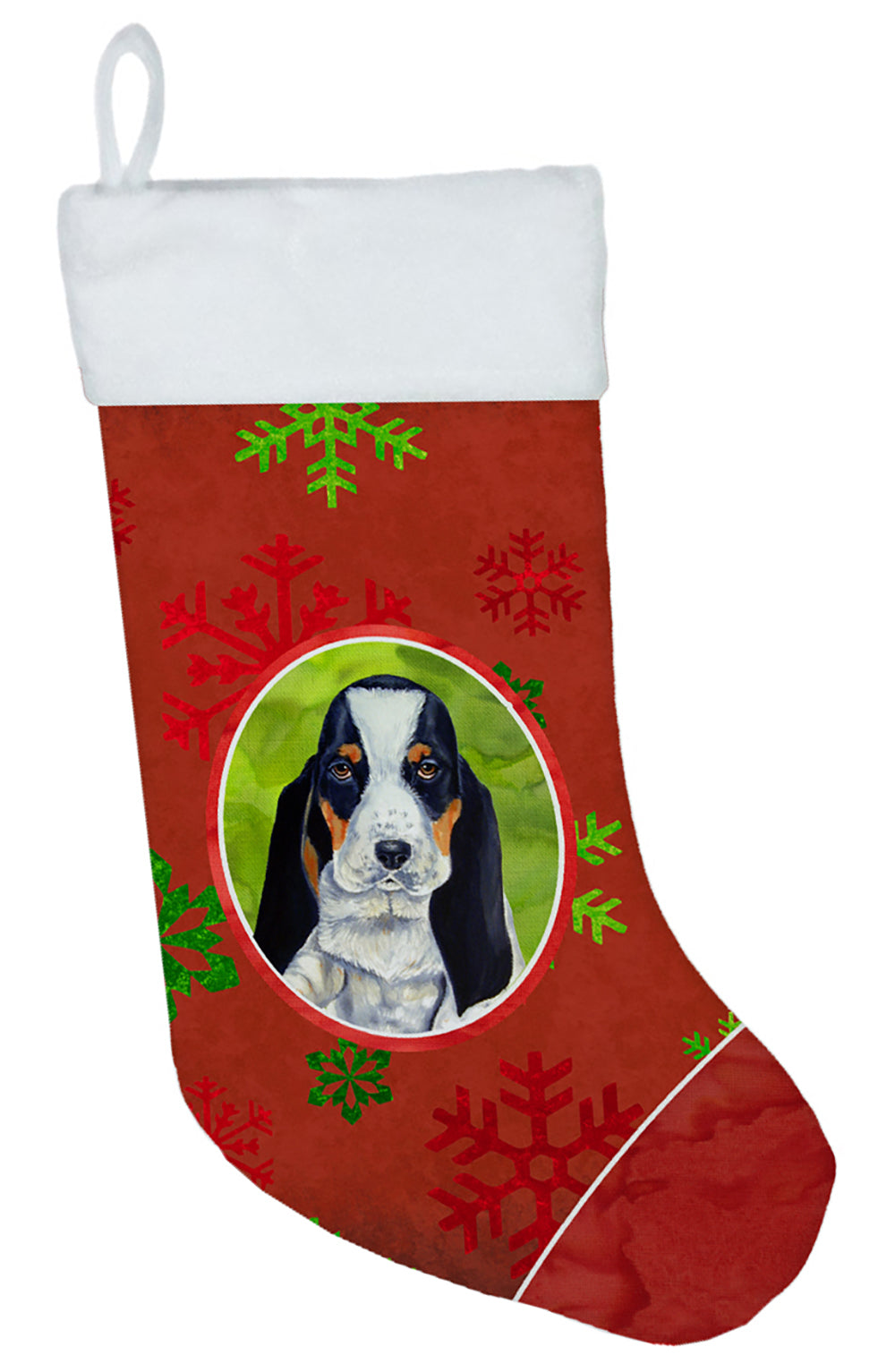 Basset Hound Red and Green Snowflakes Holiday Christmas Christmas Stocking