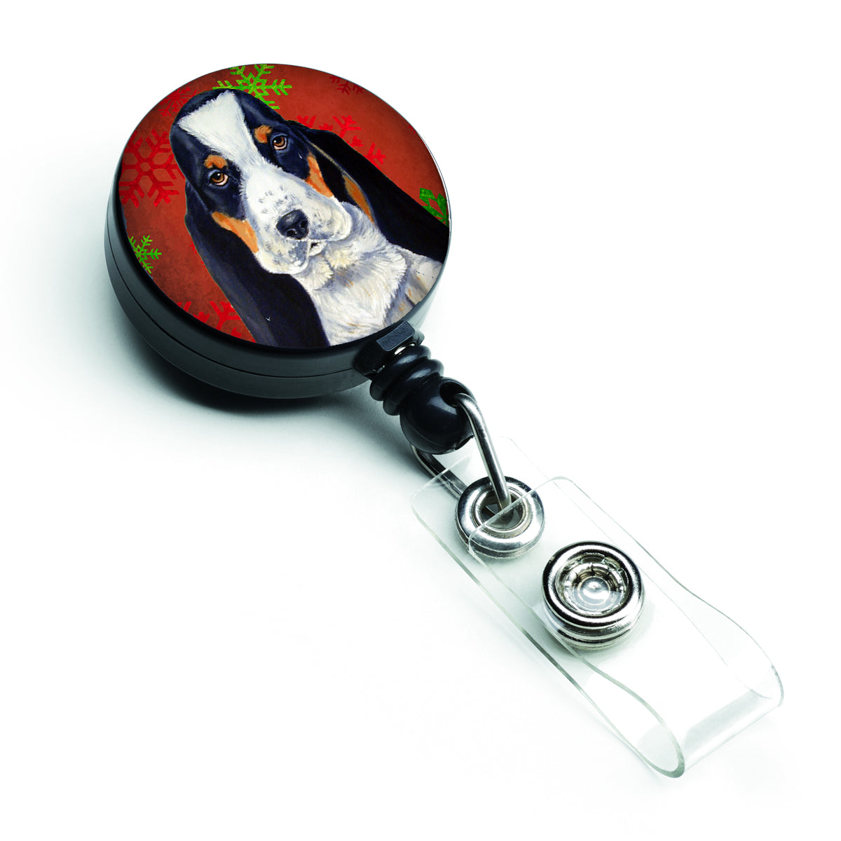 Basset Hound Red and Green Snowflakes Holiday Christmas Retractable Badge Reel LH9329BR