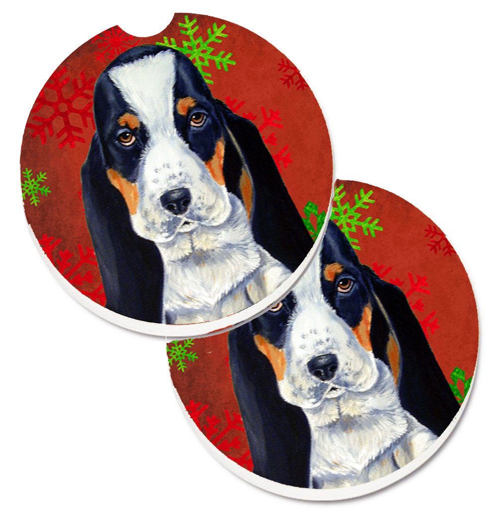 Basset Hound Red and Green Snowflakes Holiday Christmas Set of 2 Cup Holder Car Coasters LH9329CARC by Caroline&#39;s Treasures