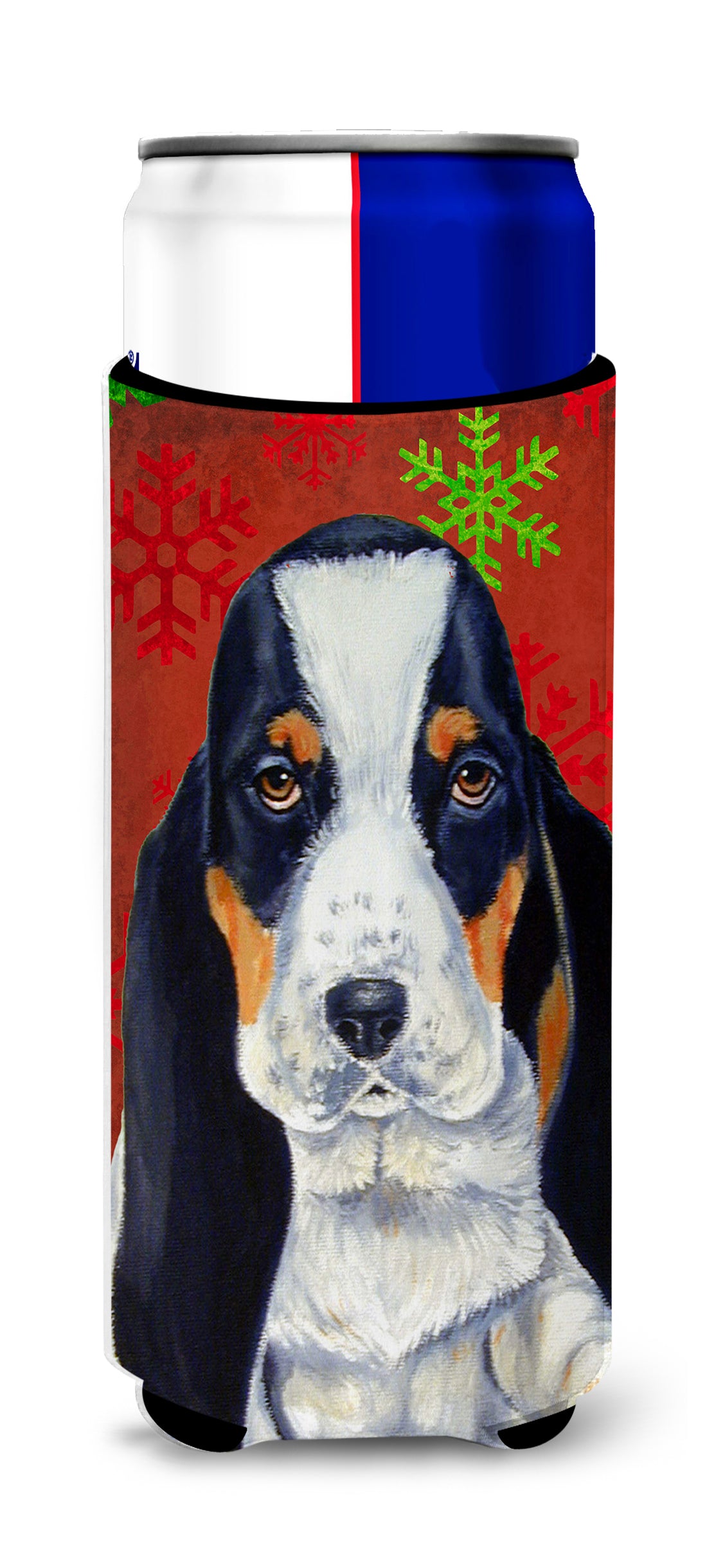 Basset Hound Red and Green Snowflakes Holiday Christmas Ultra Beverage Insulators for slim cans LH9329MUK.