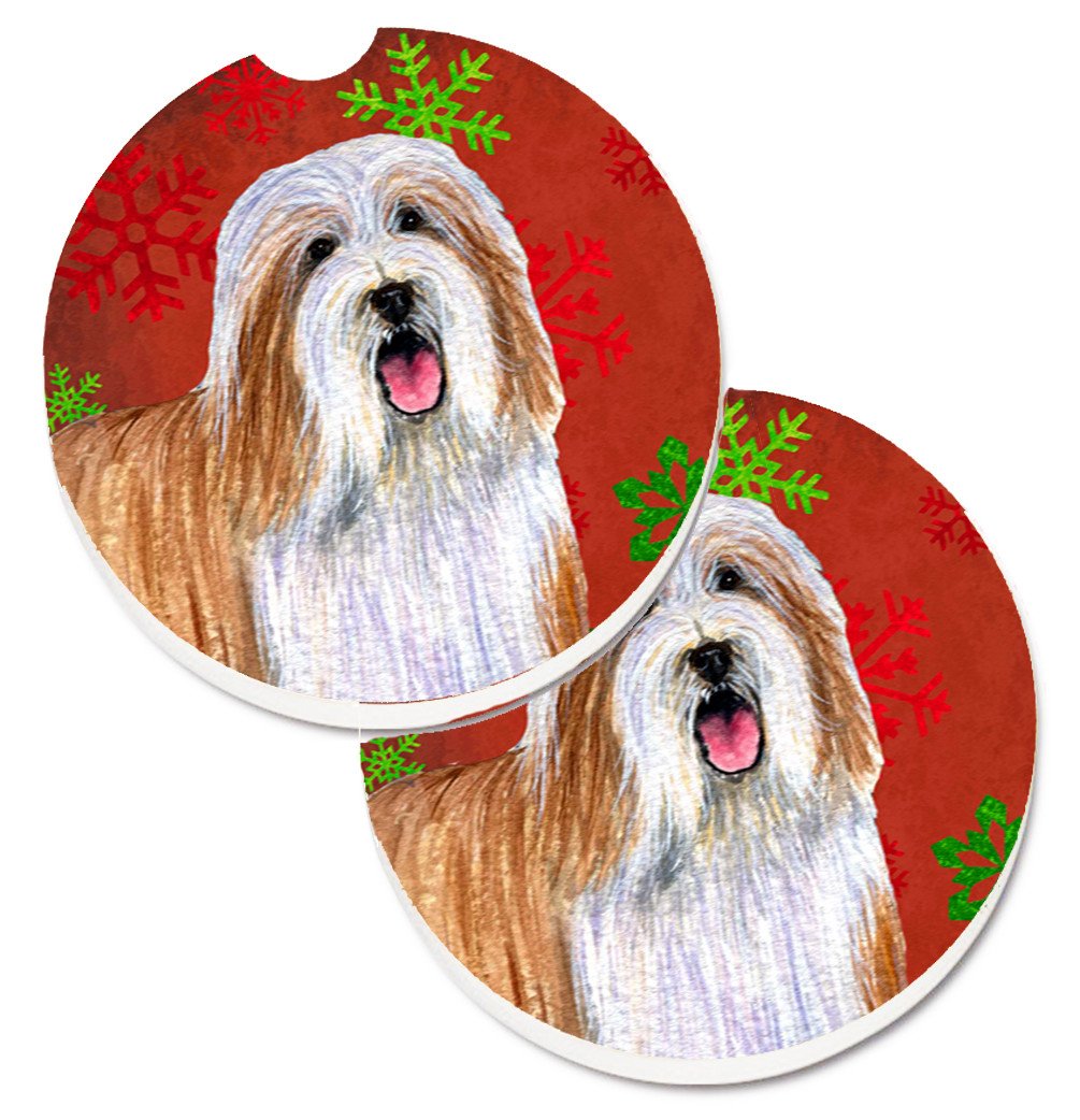 Bearded Collie Red and Green Snowflakes Holiday Christmas Set of 2 Cup Holder Car Coasters LH9330CARC by Caroline&#39;s Treasures