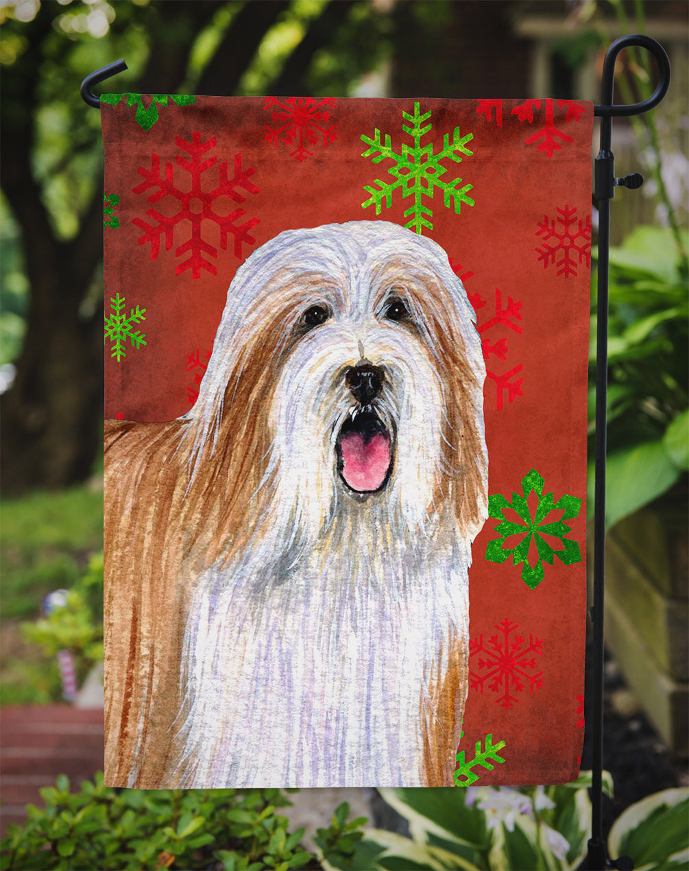 Bearded Collie Red and Green Snowflakes Holiday Christmas Flag Garden Size.