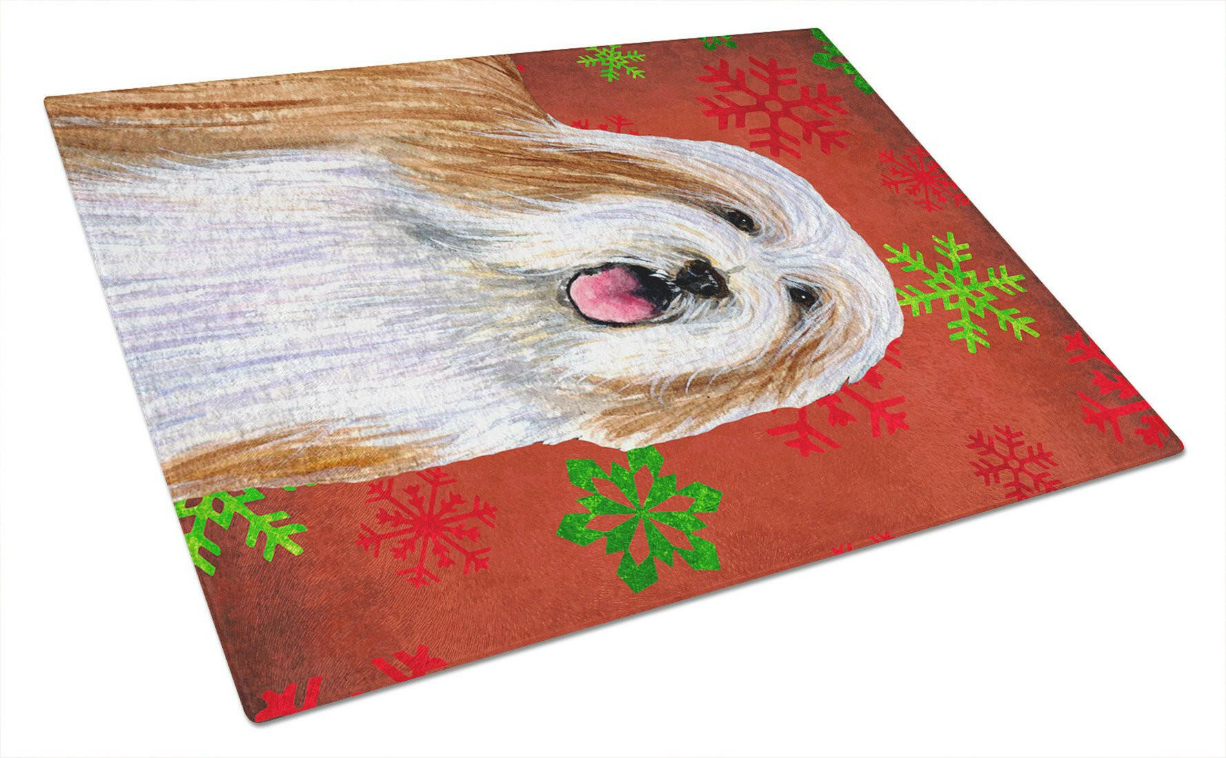 Bearded Collie Red and Green Snowflakes Christmas Glass Cutting Board Large by Caroline's Treasures