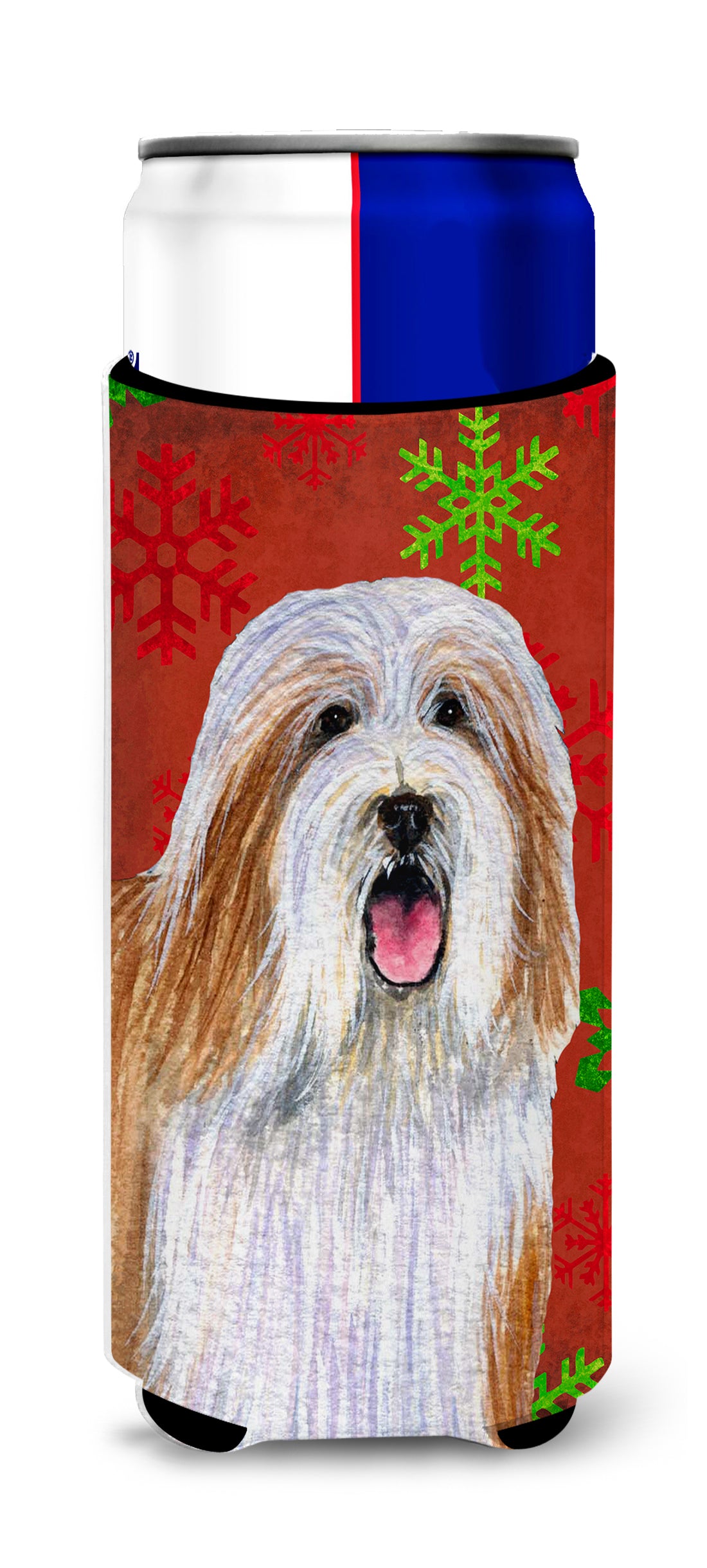 Bearded Collie Red and Green Snowflakes Holiday Christmas Ultra Beverage Isolateurs pour canettes minces LH9330MUK