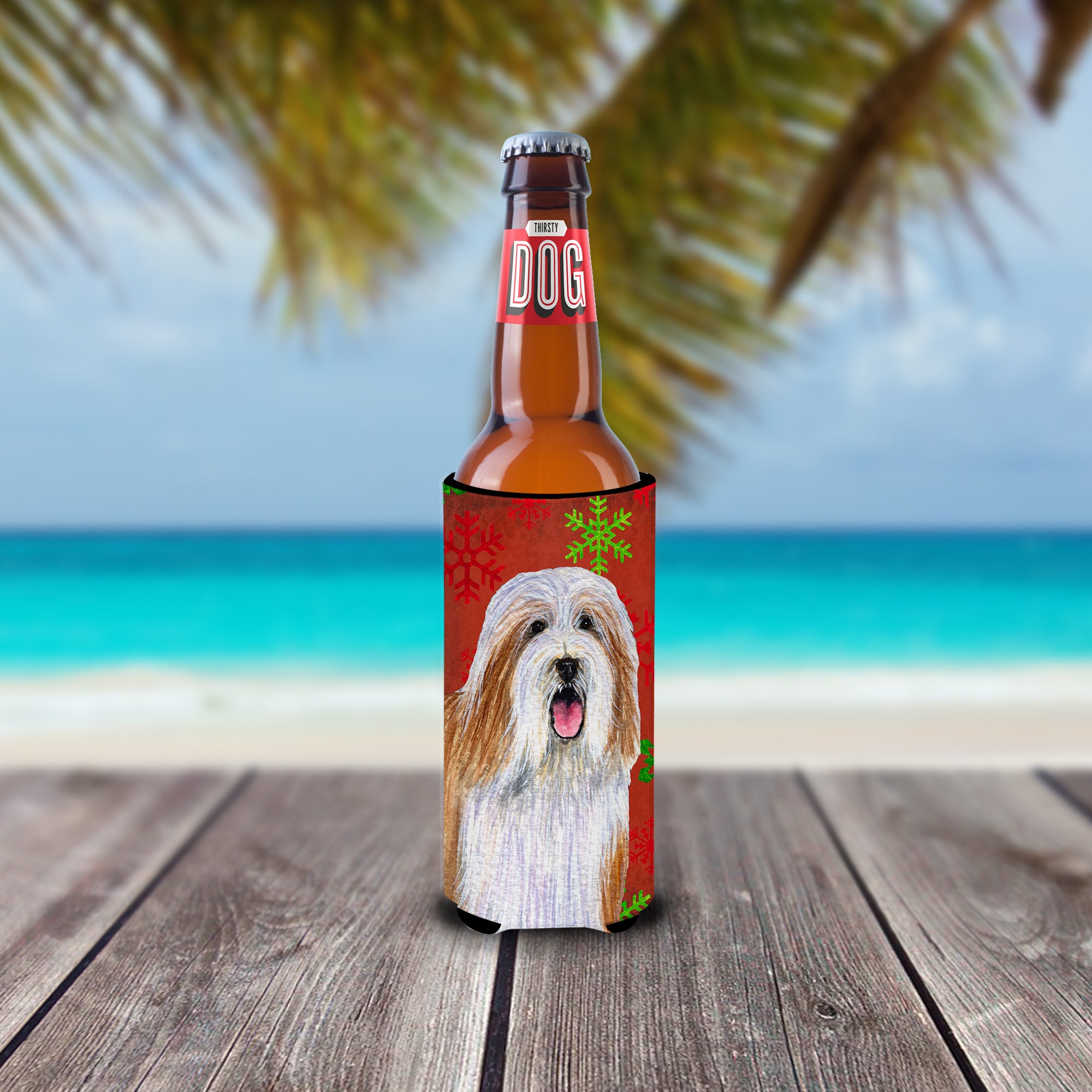 Bearded Collie Red and Green Snowflakes Holiday Christmas Ultra Beverage Isolateurs pour canettes minces LH9330MUK