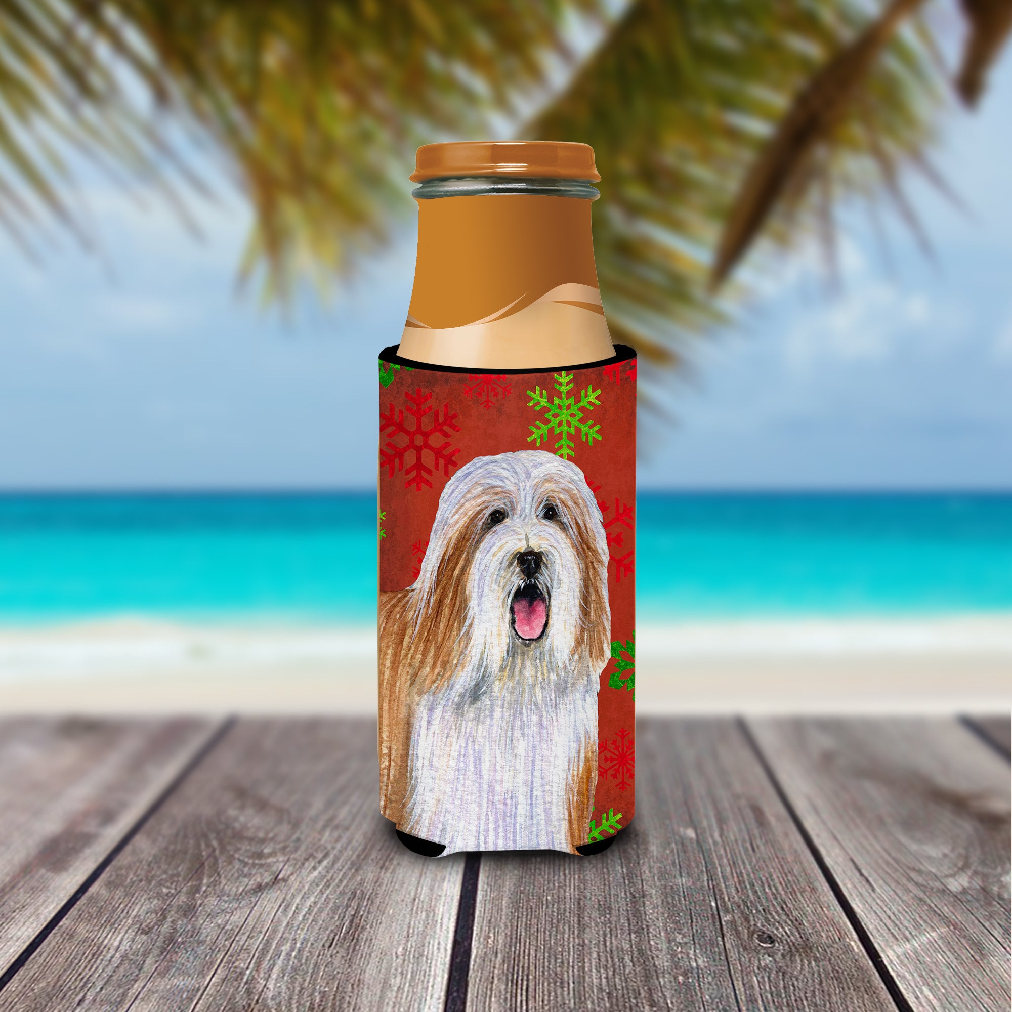 Bearded Collie Red and Green Snowflakes Holiday Christmas Ultra Beverage Insulators for slim cans LH9330MUK