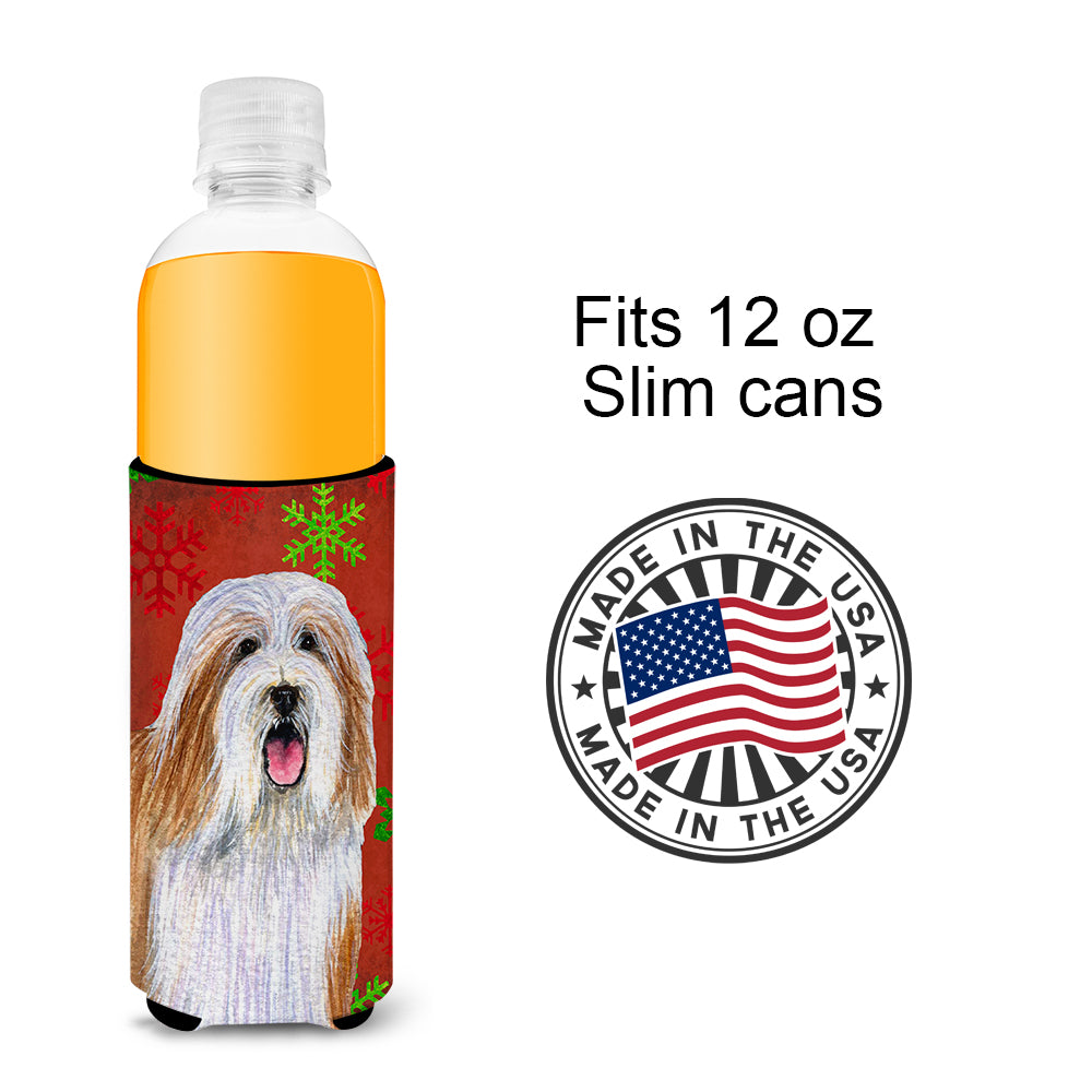 Bearded Collie Red and Green Snowflakes Holiday Christmas Ultra Beverage Insulators for slim cans LH9330MUK.
