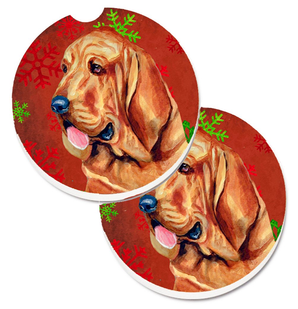 Bloodhound Red and Green Snowflakes Holiday Christmas Set of 2 Cup Holder Car Coasters LH9331CARC by Caroline&#39;s Treasures