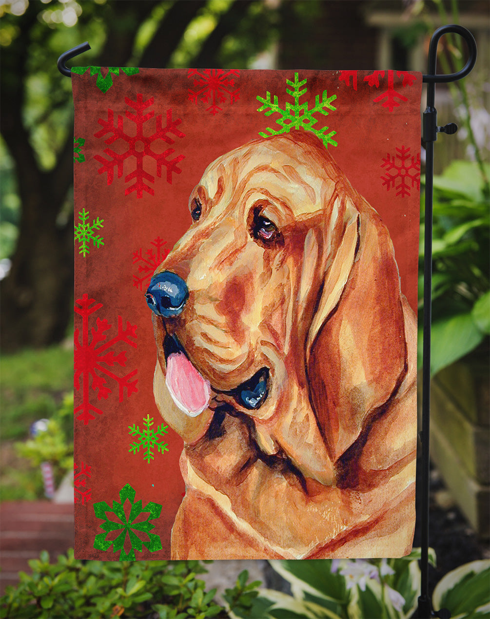 Bloodhound Red and Green Snowflakes Holiday Christmas Flag Garden Size.