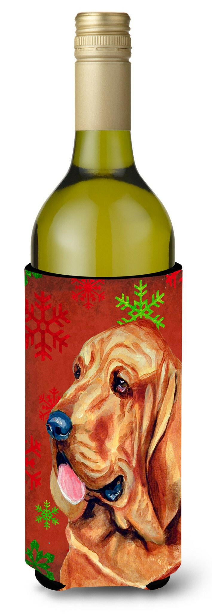 Bloodhound Red and Green Snowflakes Holiday Christmas Wine Bottle Beverage Insulator Beverage Insulator Hugger by Caroline's Treasures