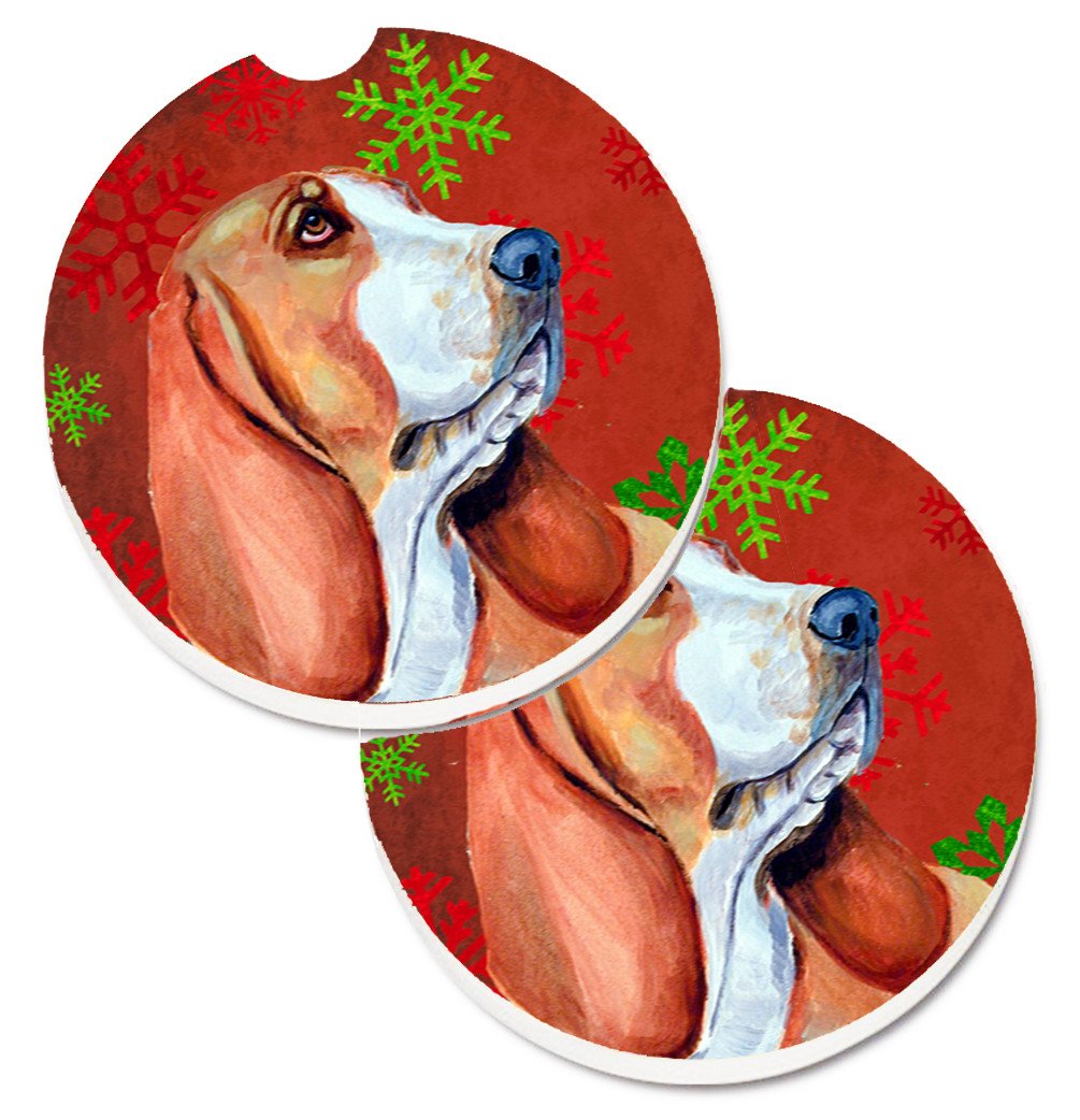 Basset Hound Red and Green Snowflakes Holiday Christmas Set of 2 Cup Holder Car Coasters LH9332CARC by Caroline's Treasures