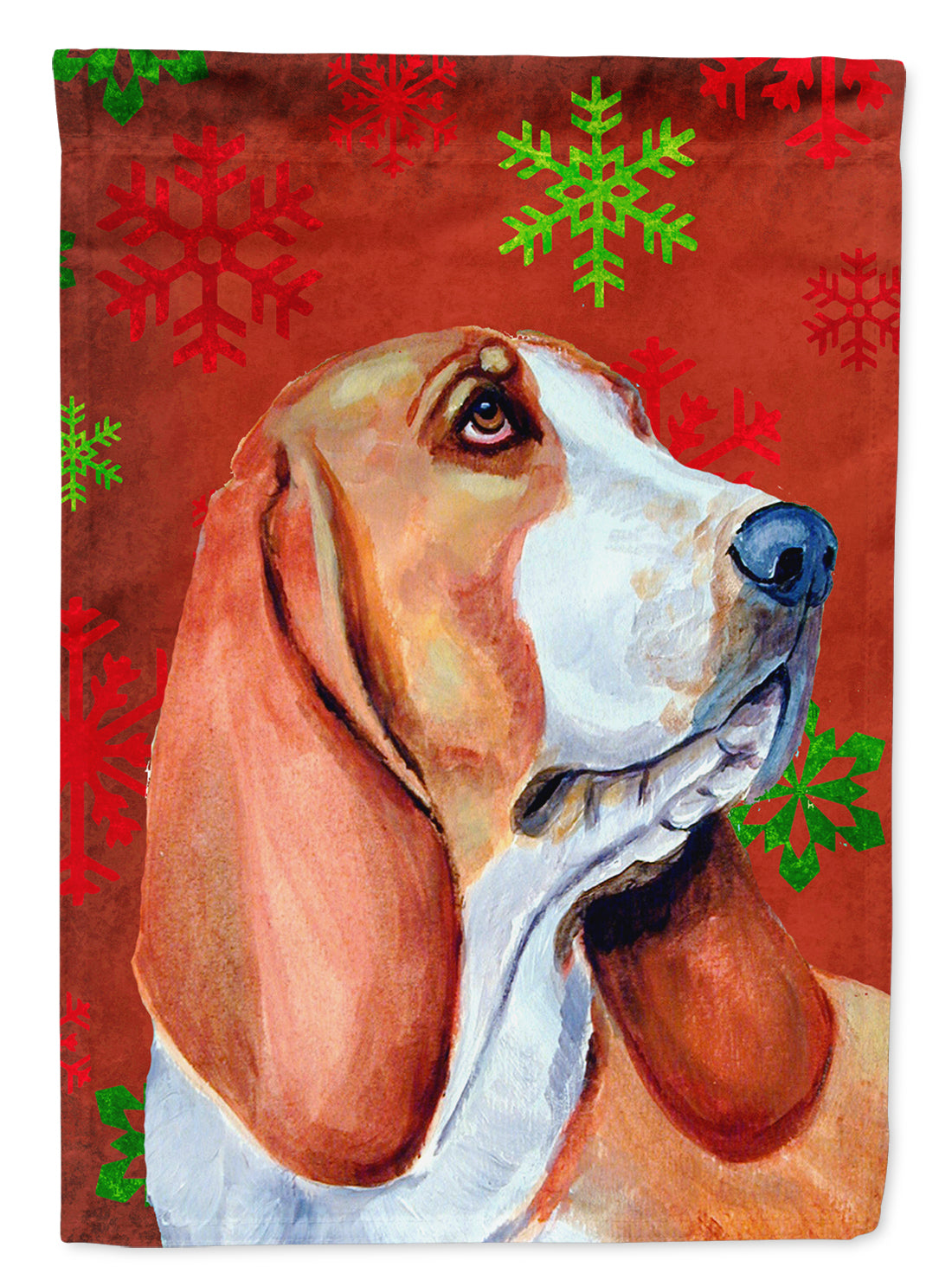 Basset Hound Red and Green Snowflakes Holiday Christmas Flag Canvas House Size  the-store.com.