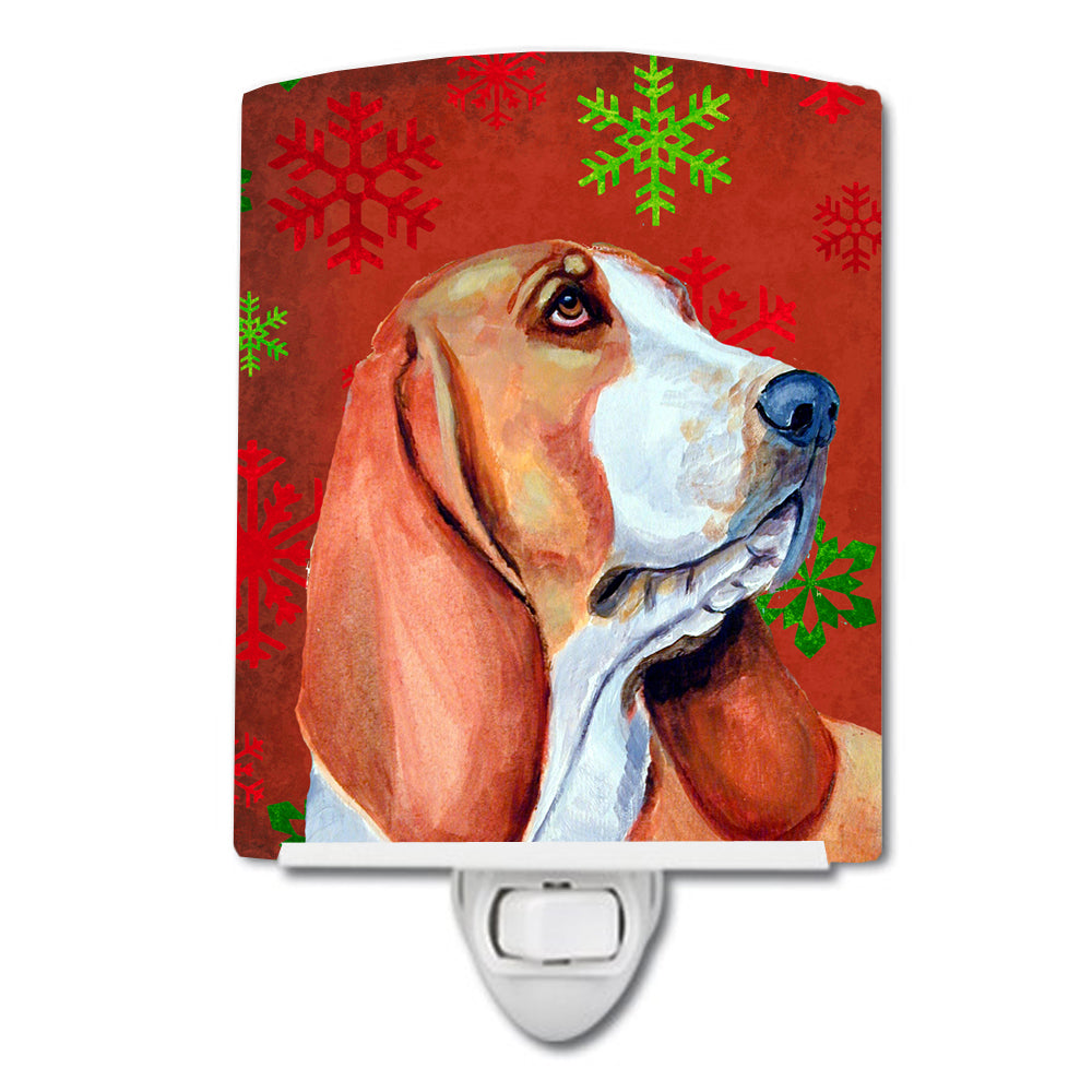 Basset Hound Red and Green Snowflakes Holiday Christmas Ceramic Night Light LH9332CNL - the-store.com