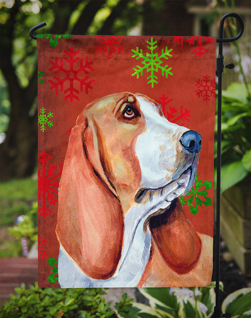 Basset Hound Red and Green Snowflakes Holiday Christmas Flag Garden Size