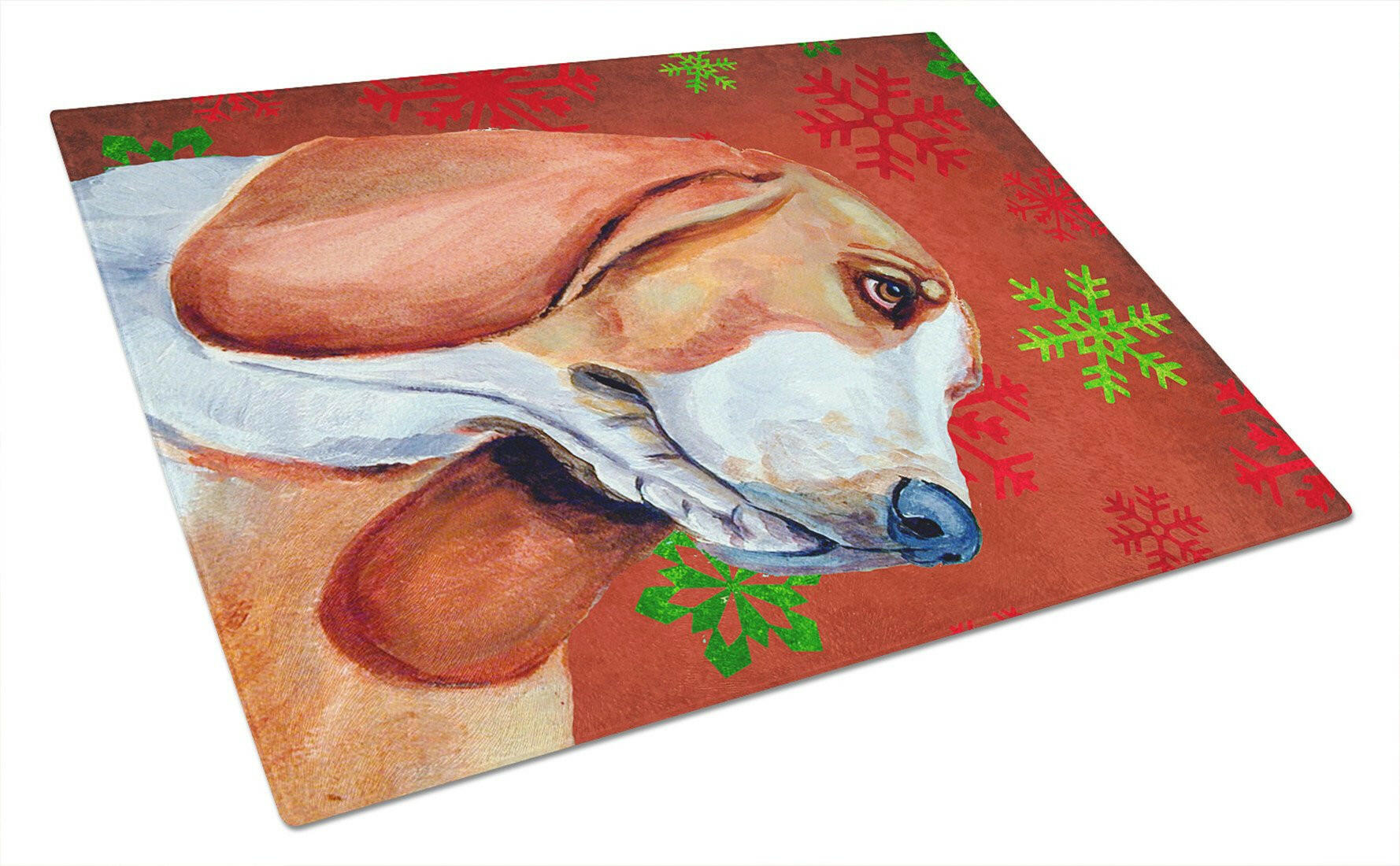 Basset Hound Red and Green Snowflakes Christmas Glass Cutting Board Large by Caroline's Treasures