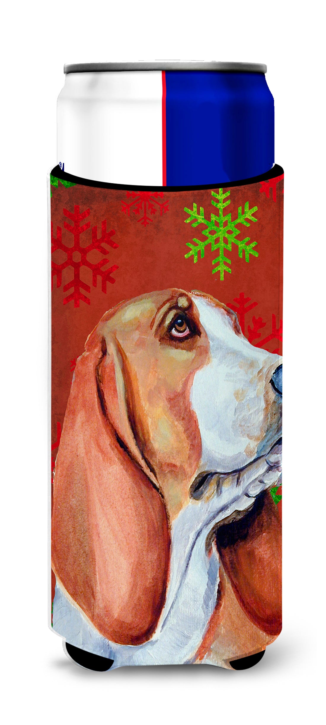 Basset Hound Red and Green Snowflakes Holiday Christmas Ultra Beverage Insulators for slim cans LH9332MUK