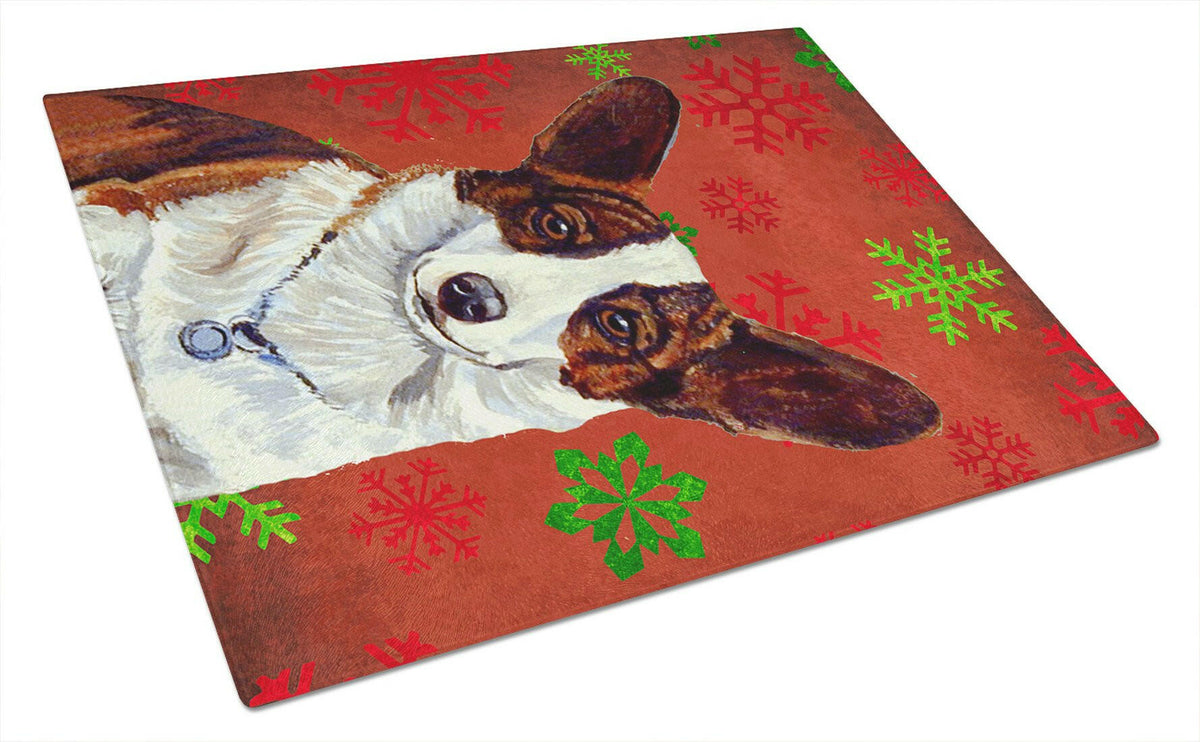 Corgi Red and Green Snowflakes Holiday Christmas Glass Cutting Board Large by Caroline&#39;s Treasures