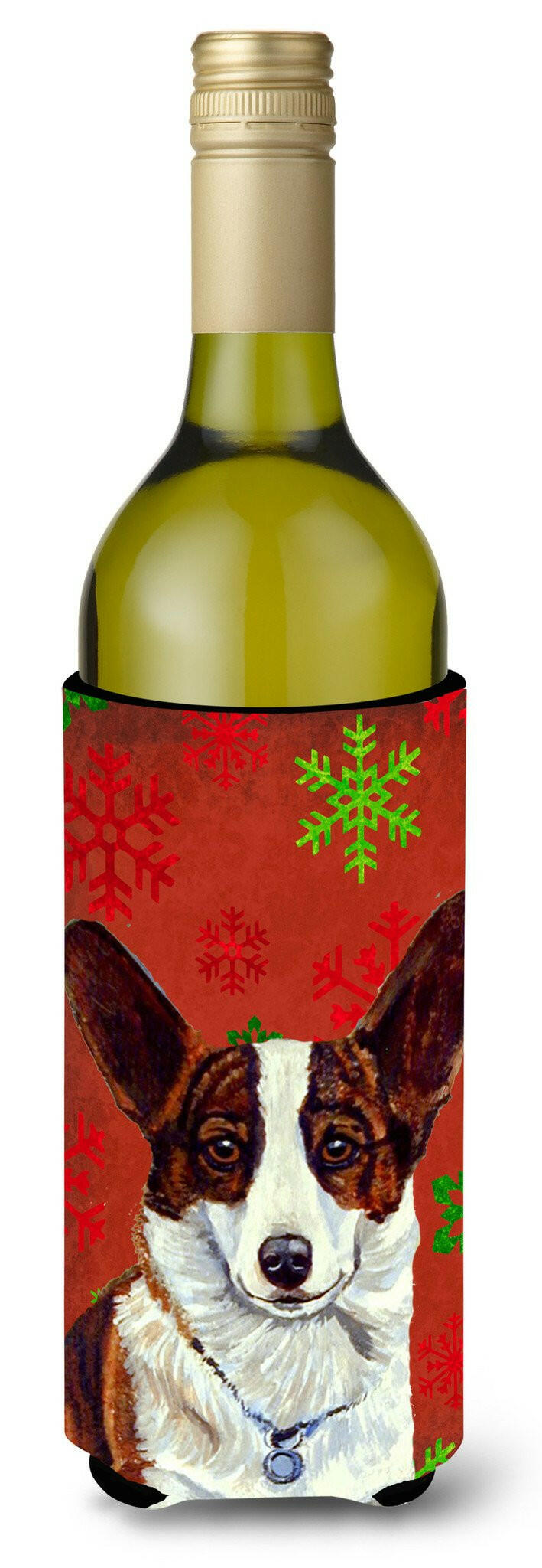 Corgi Red and Green Snowflakes Holiday Christmas Wine Bottle Beverage Insulator Beverage Insulator Hugger by Caroline&#39;s Treasures