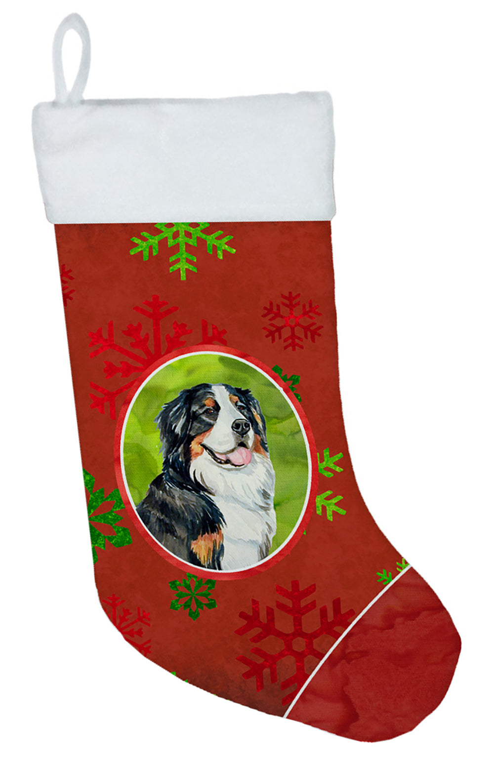 Bernese Mountain Dog Red and Green Snowflakes Holiday Christmas Stocking