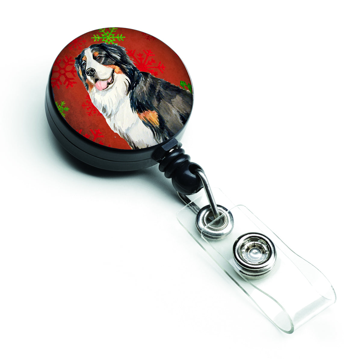 Bernese Mountain Dog Red  Green Snowflakes Holiday Christmas Retractable Badge Reel LH9334BR
