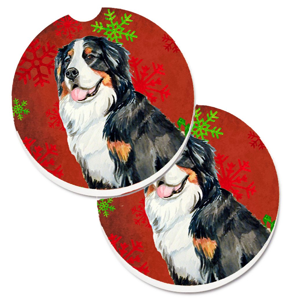 Bernese Mountain Dog Red  Green Snowflakes Holiday Christmas Set of 2 Cup Holder Car Coasters LH9334CARC by Caroline&#39;s Treasures