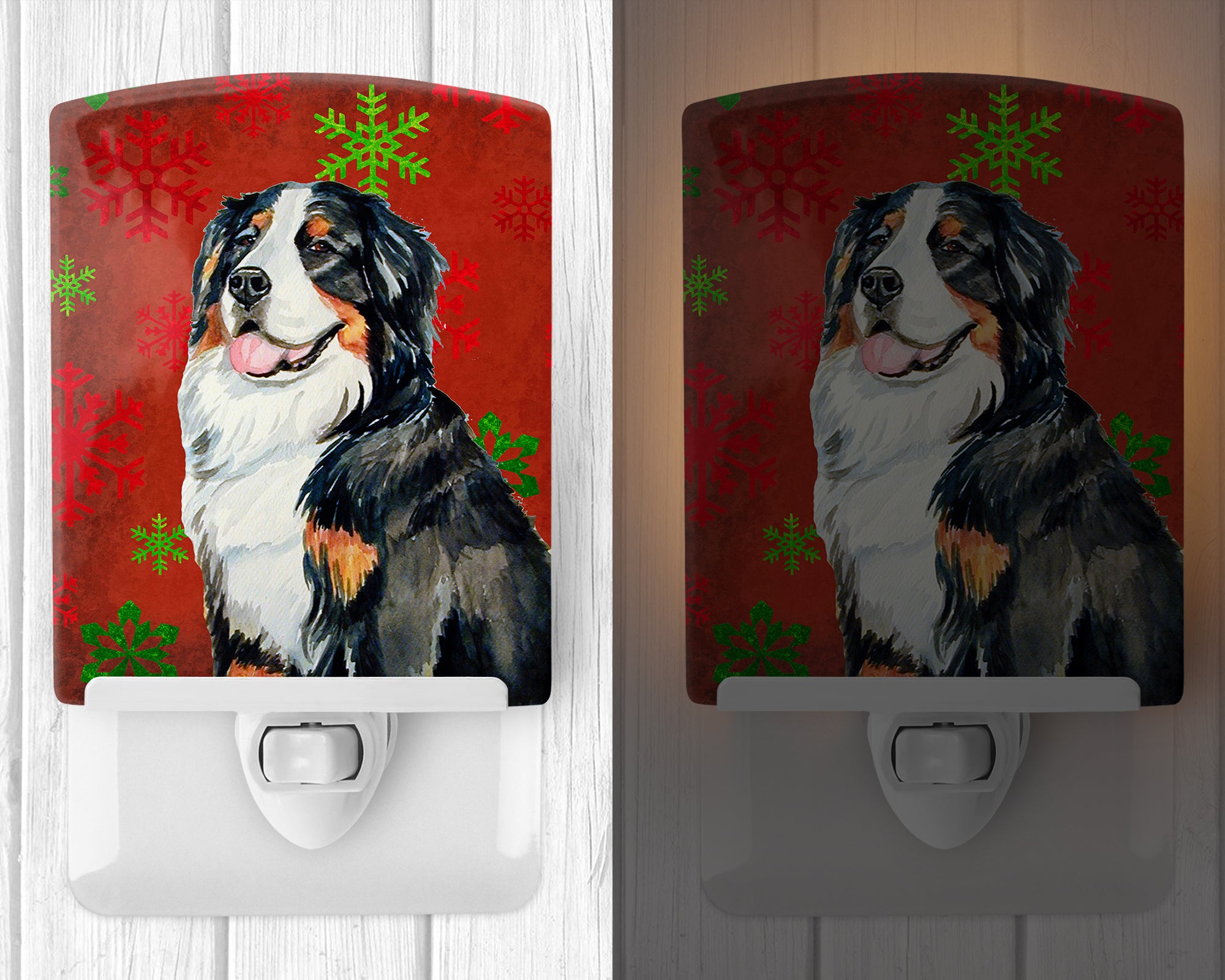 Bernese Mountain Dog Red  Green Snowflakes Holiday Christmas Ceramic Night Light LH9334CNL - the-store.com