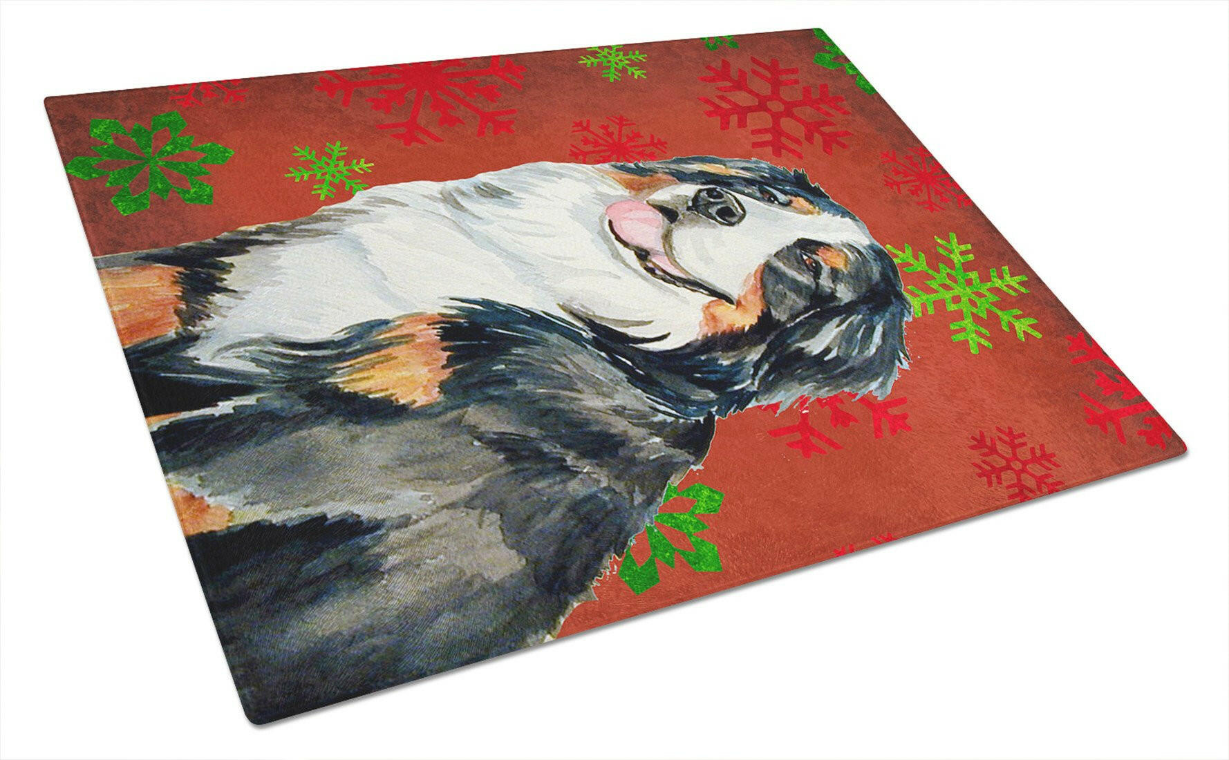 Bernese Mountain Dog Red Green Snowflakes Christmas Glass Cutting Board Large by Caroline's Treasures